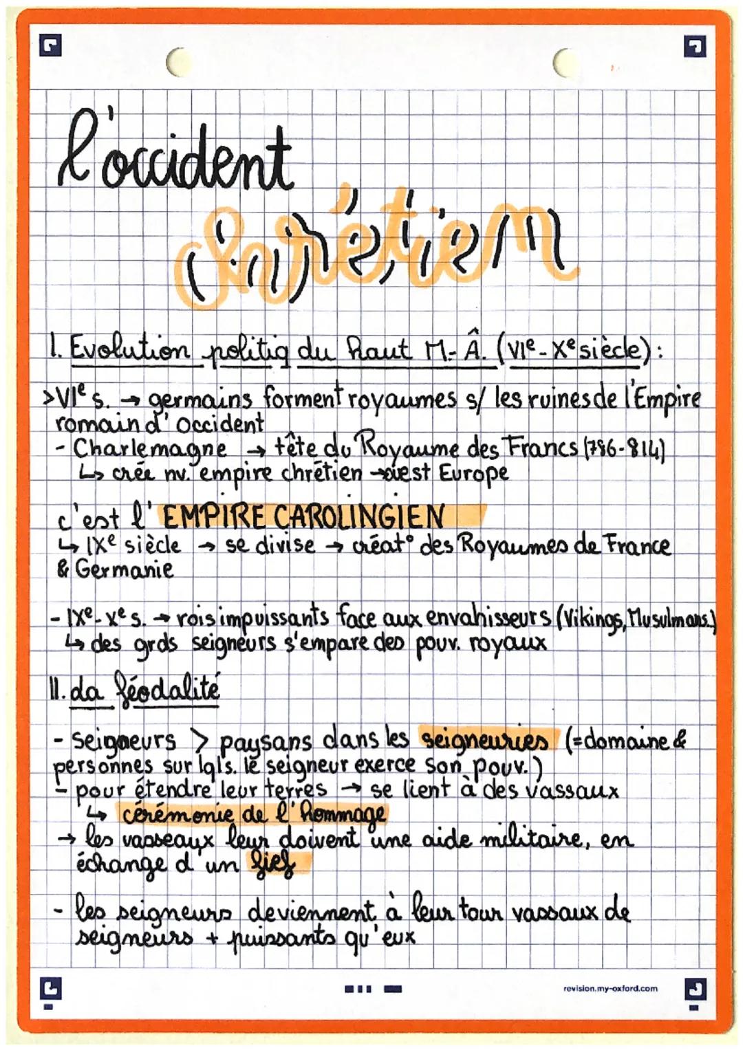 l'occident
perem
1. Evolution politiq du haut M.A. (VIe-Xe siècle):
>VI²s. → germains forment royaumes s/ les ruines de l'Empire
romain d'Oc