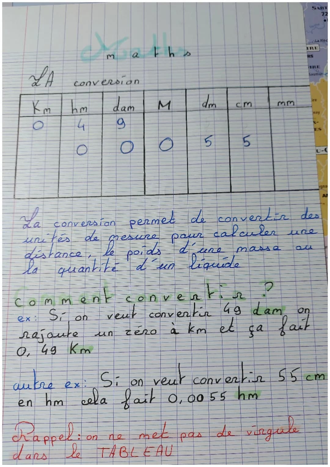 LA
4
O
3
conversion
a
dam
g
O
: on
th
M
O
zéro
dm
cm
comment convertin
ex: Si on
rajoute un
0, 49 Km
5 5
Rappel:
dans le TABLEAU
2
veut conv