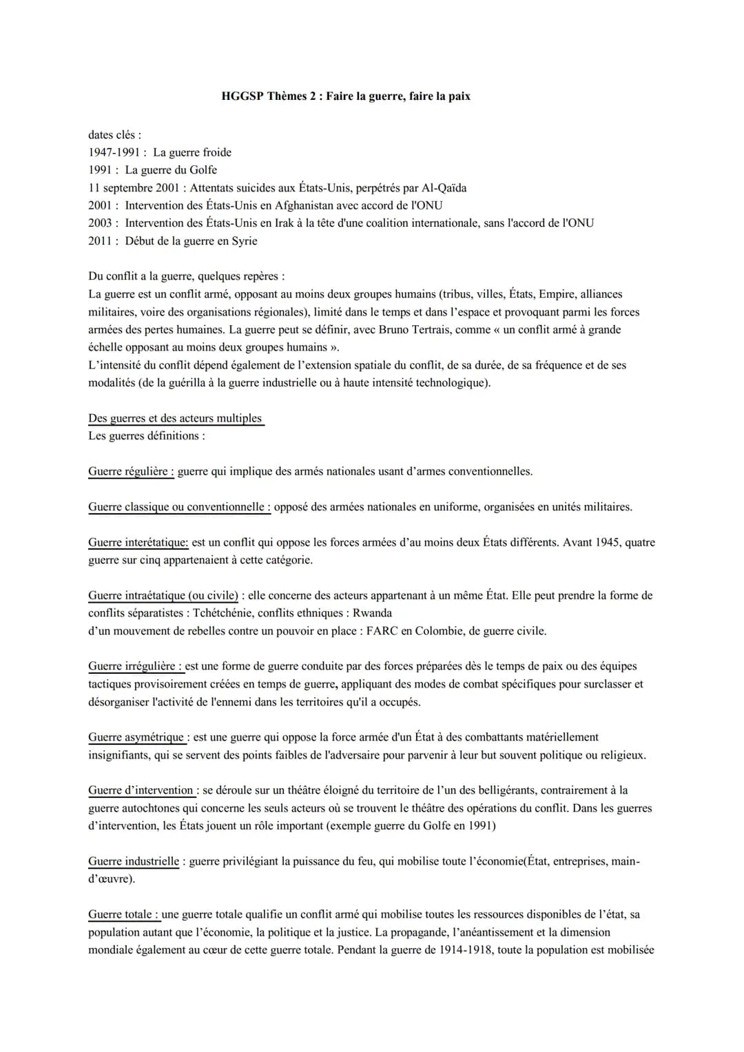 HGGSP Thèmes 2: Faire la guerre, faire la paix
dates clés :
1947-1991 La guerre froide
1991 La guerre du Golfe
11 septembre 2001: Attentats 