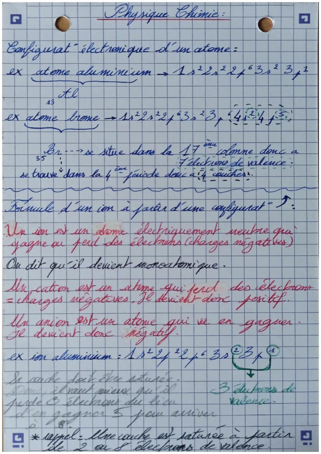 Physique Chimic:

Configurat électronique d'un atome :

ex atome aluminium → 1s²2224632 317

Al
43
ex atome brome → 1s² 2s²24630
35
23
Br-se