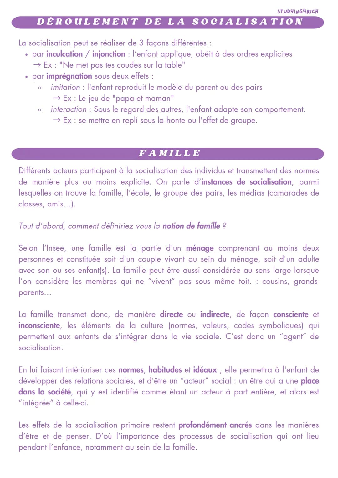 LA SOCIALISATION
SES
INTRODUCTION
STUDYING4RICH
La socialisation est un processus d'apprentissage qui permet à l'individu d'intérioriser
les