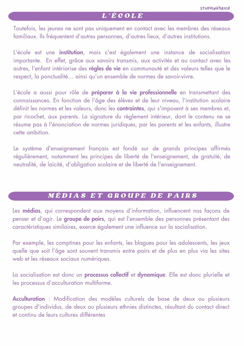 LA SOCIALISATION
SES
INTRODUCTION
STUDYING4RICH
La socialisation est un processus d'apprentissage qui permet à l'individu d'intérioriser
les