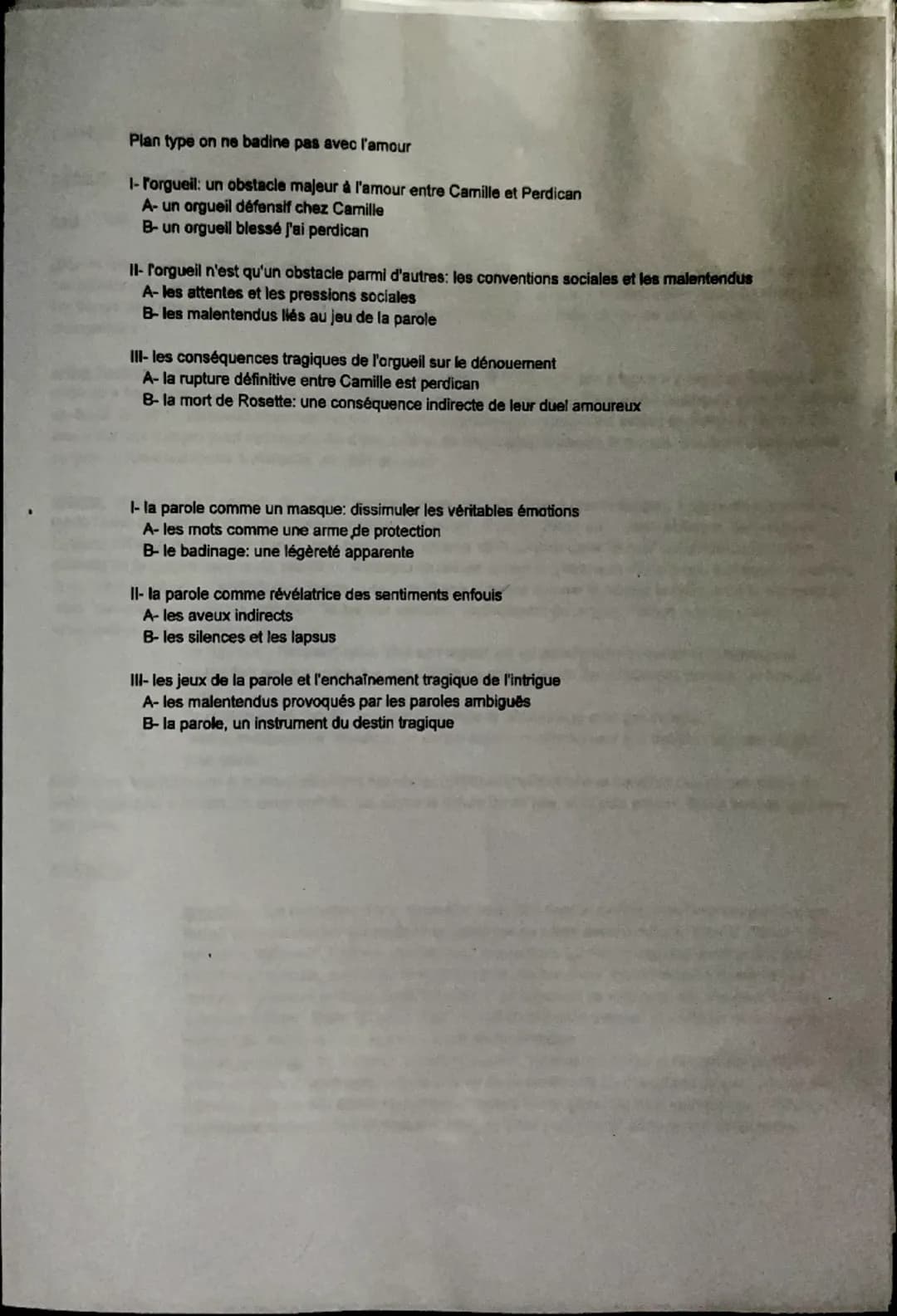 Plan type on ne badine pas avec l'amour
1- l'orgueil: un obstacle majeur à l'amour entre Camille et Perdican
A- un orgueil défensif chez Cam