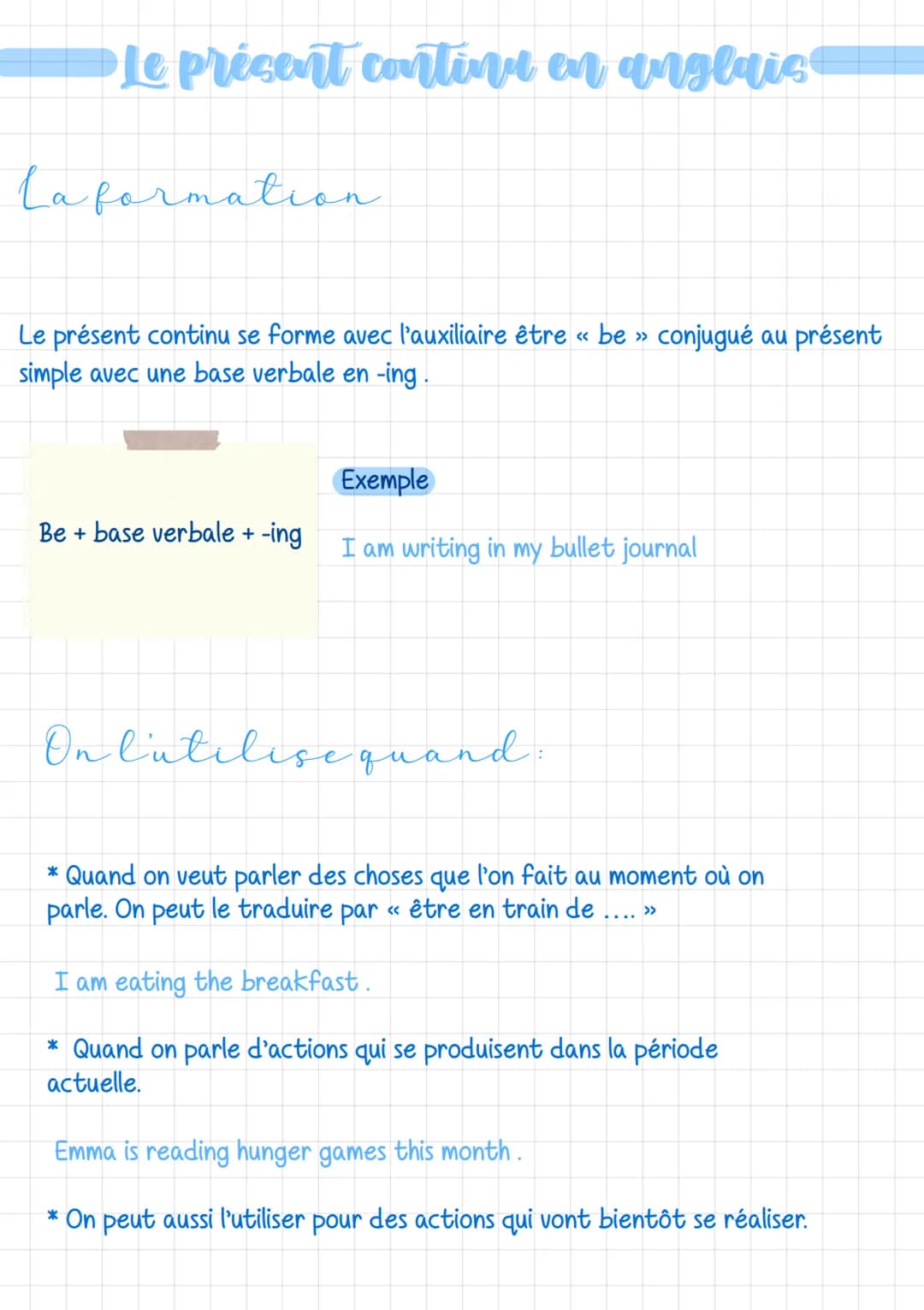Le présent continu en anglais
La formation
Le présent continu se forme avec l'auxiliaire être « be » conjugué au présent
simple avec une bas