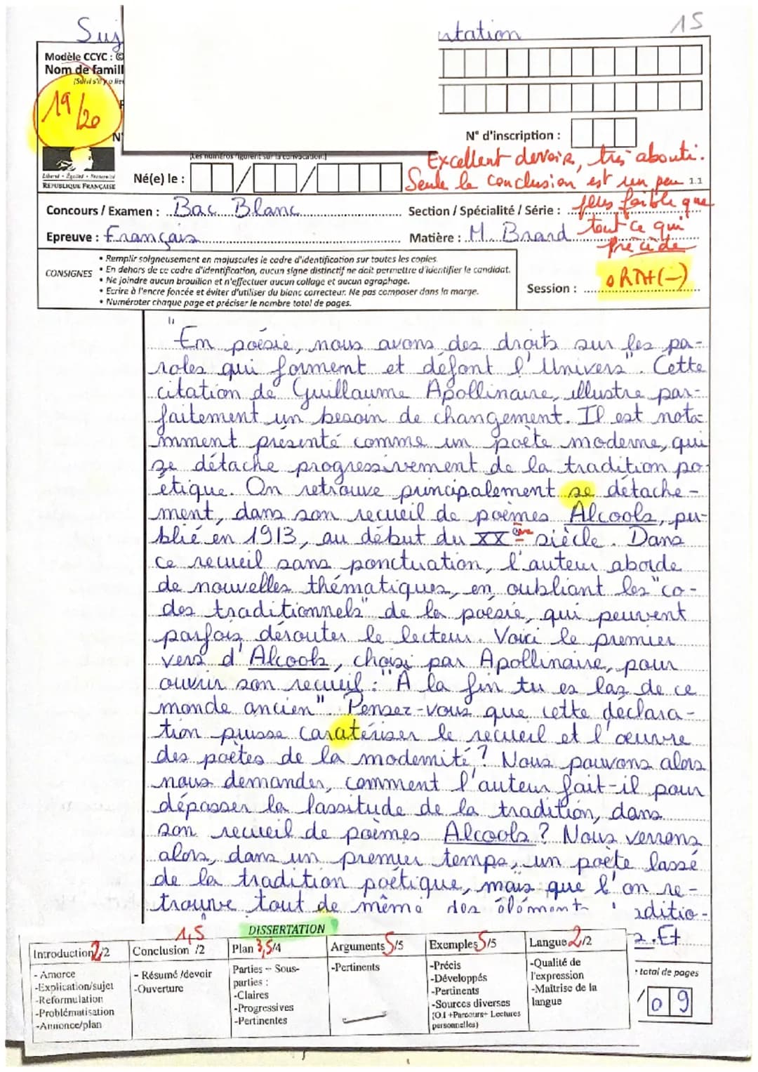 Sui
Modèle CCYC:
Nom de famill
Sutas lie
19/20
Libered Excited
REPUBLIQUE FRANÇAISE
Concours / Examen: Bas Blanc...
Né(e) le :
CONSIGNES
Les