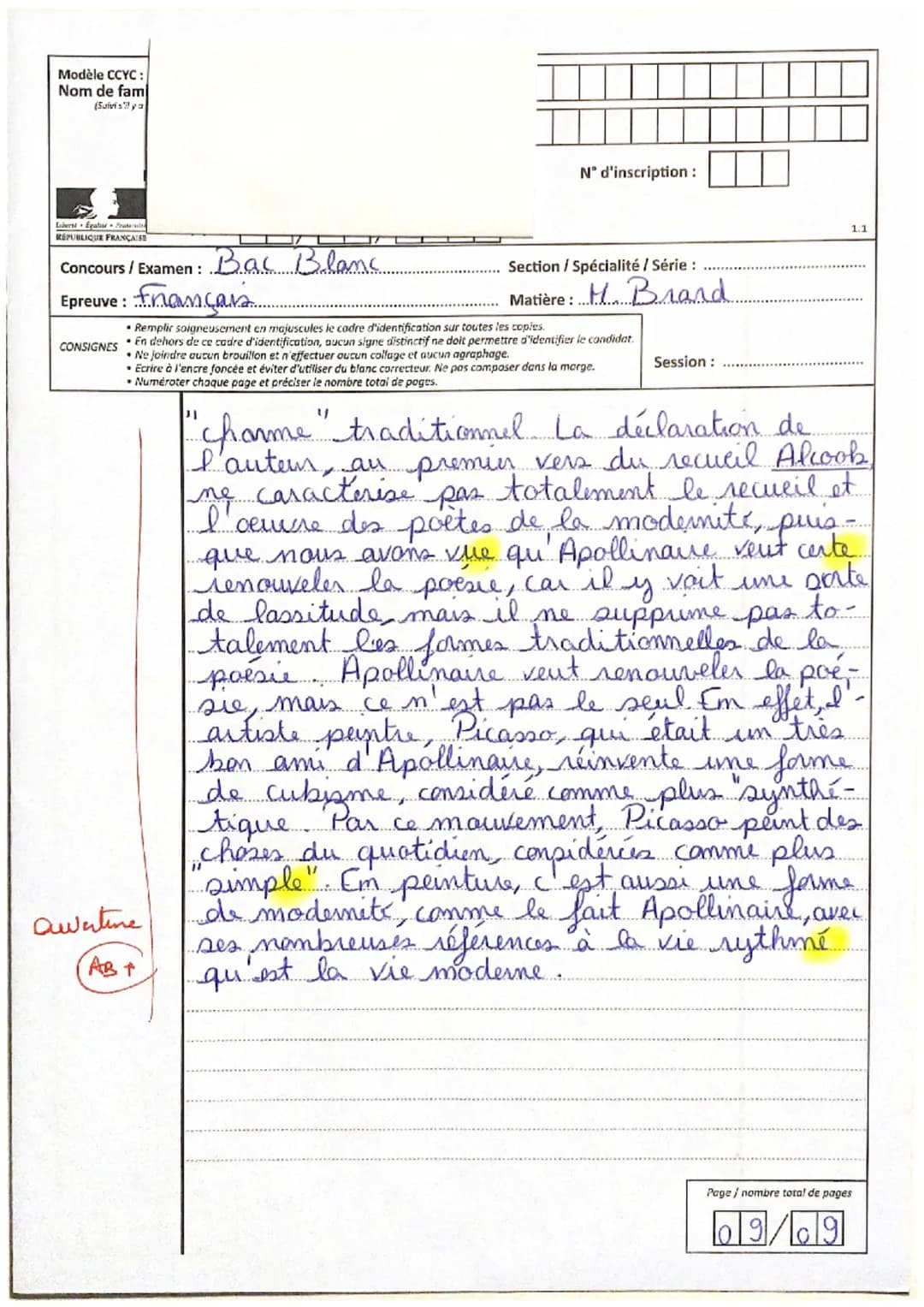Sui
Modèle CCYC:
Nom de famill
Sutas lie
19/20
Libered Excited
REPUBLIQUE FRANÇAISE
Concours / Examen: Bas Blanc...
Né(e) le :
CONSIGNES
Les