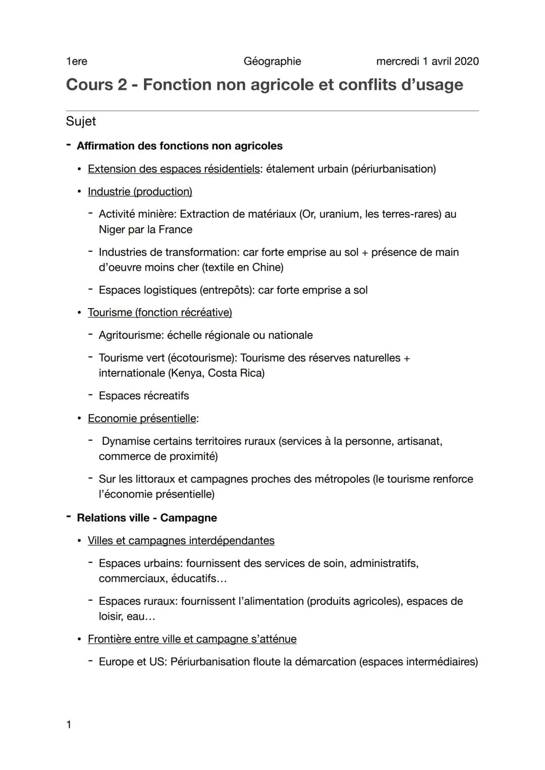 Géographie
mercredi 1 avril 2020
Cours 2 - Fonction non agricole et conflits d'usage
Sujet
1ere
1
Affirmation des fonctions non agricoles
• 