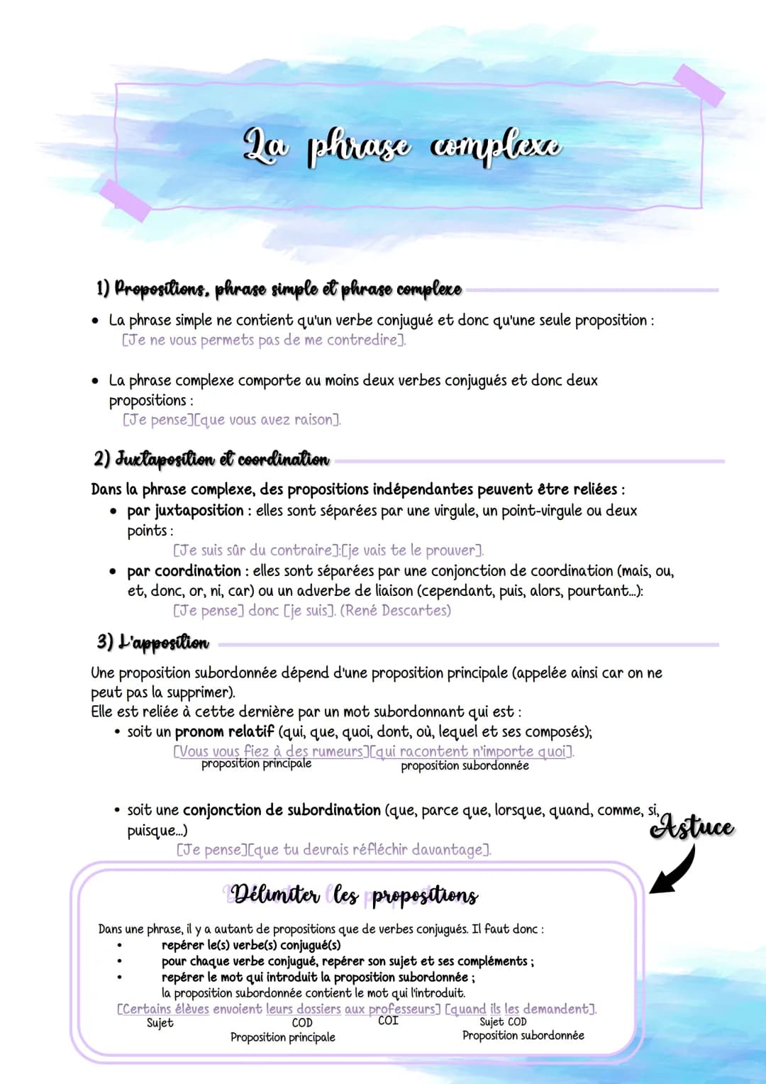 La phrase complexa
1) Propositions, phrase simple et phrase complexe
• La phrase simple ne contient qu'un verbe conjugué et donc qu'une seul