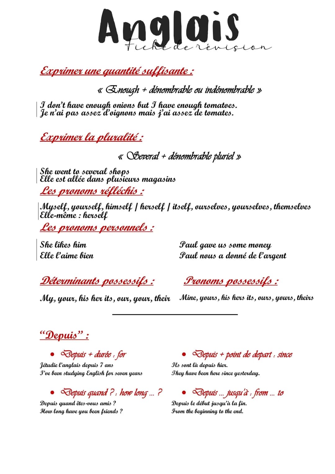 Anglais
Exprimer une quantité suffisante:
Fiche de révisio
« Enough + dénombrable ou indénombrable »
I don't have enough onions but I have e