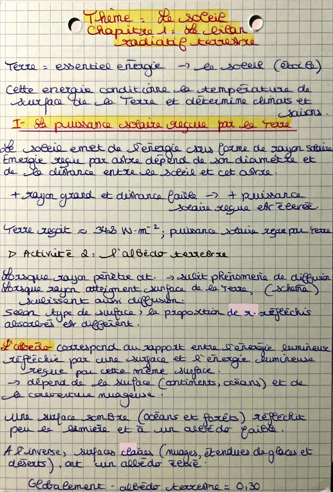 Theme : Le soleil
Chapitre 1: de bilan
radiatif terrestre

Terre = essentiel energie →le soleil (etcile)

Cette energie conditcoine la tempé