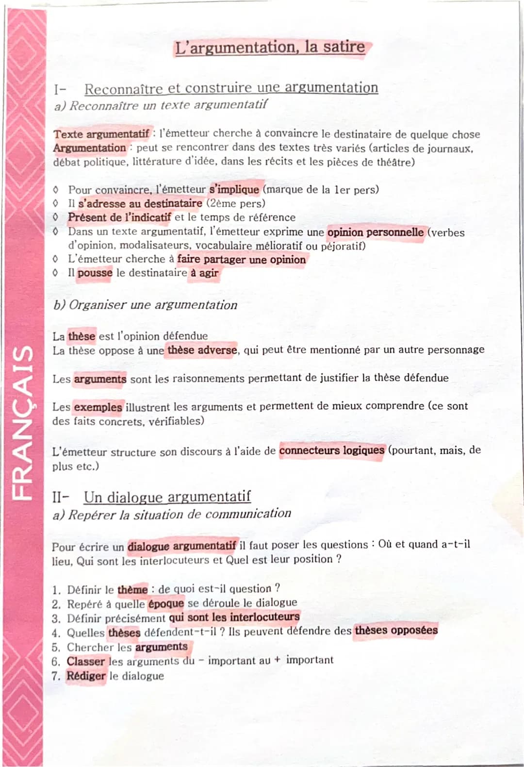 FRANÇAIS
L'argumentation, la satire
I- Reconnaître et construire une argumentation
a) Reconnaître un texte argumentatif
Texte argumentatif :