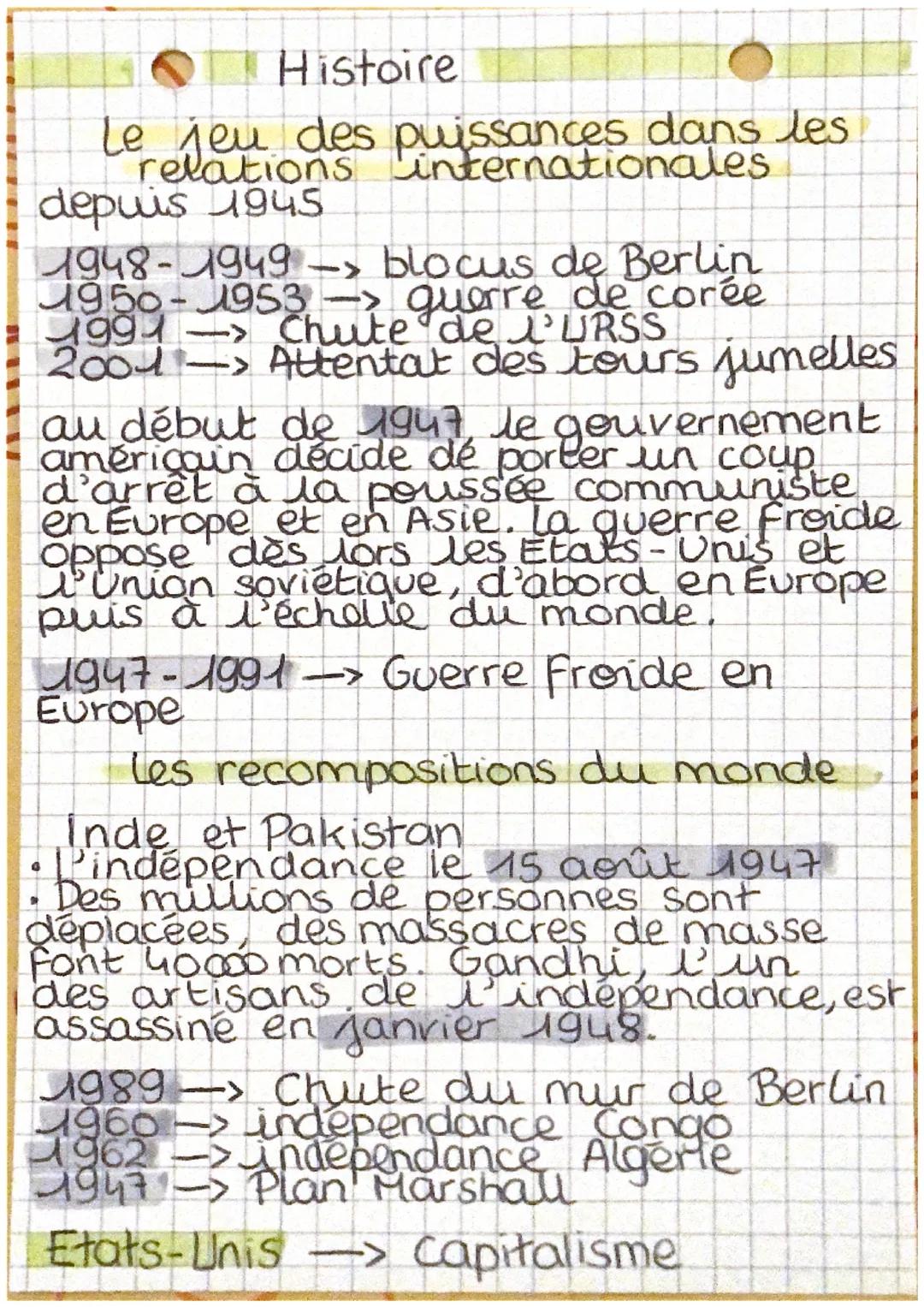 Histoire
Le jeu des puissances dans les
internationales
relations
depuis 1945
1948-1949 -> blocus de Berlin
1950-1953-> guerre de corée
1994