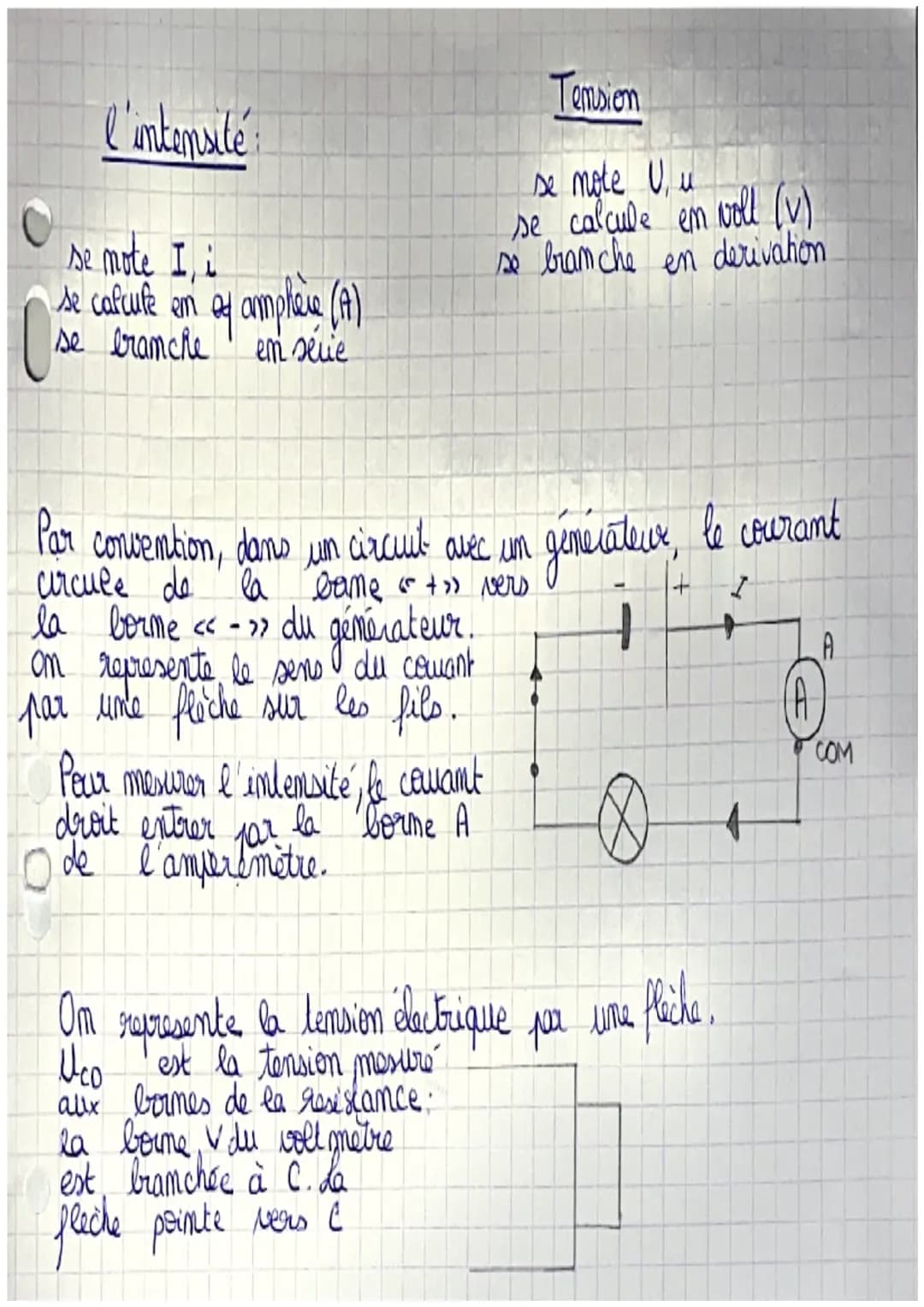 l'intensité:
se note I i
se calcule en of amphace (A)
se branche em série
Tension
se mote U, u
se calcule em
woll (v)
se branche en derivati