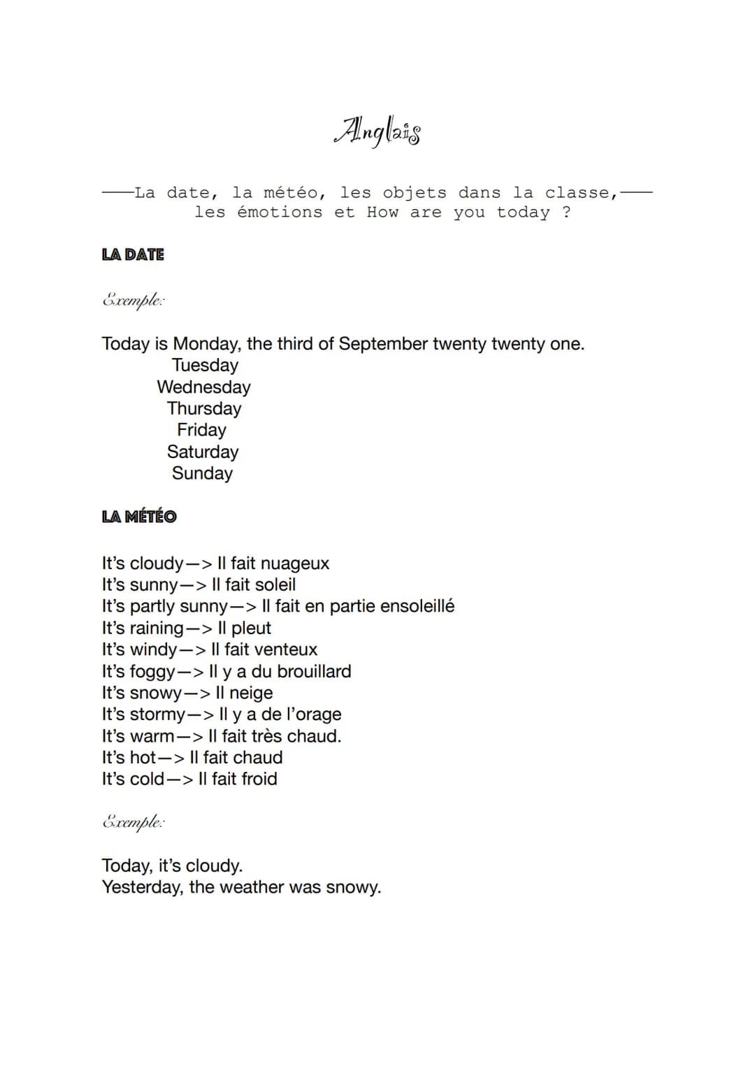 Anglais
-La date, la météo, les objets dans la classe,
les émotions et How are you today?
LA DATE
Exemple:
Today is Monday, the third of Sep