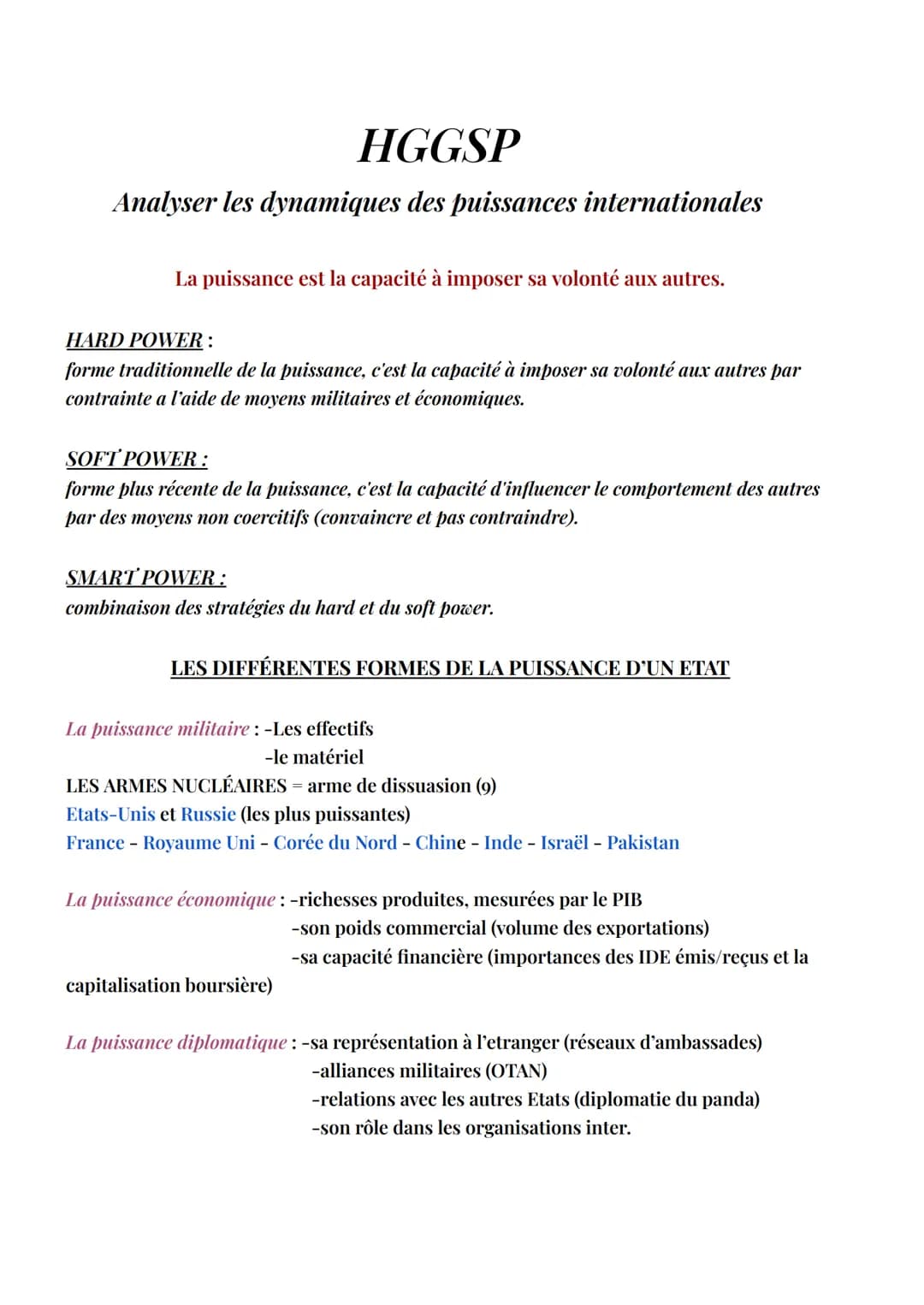 # HGGSP
Analyser les dynamiques des puissances internationales

La puissance est la capacité à imposer sa volonté aux autres.

**HARD POWER 