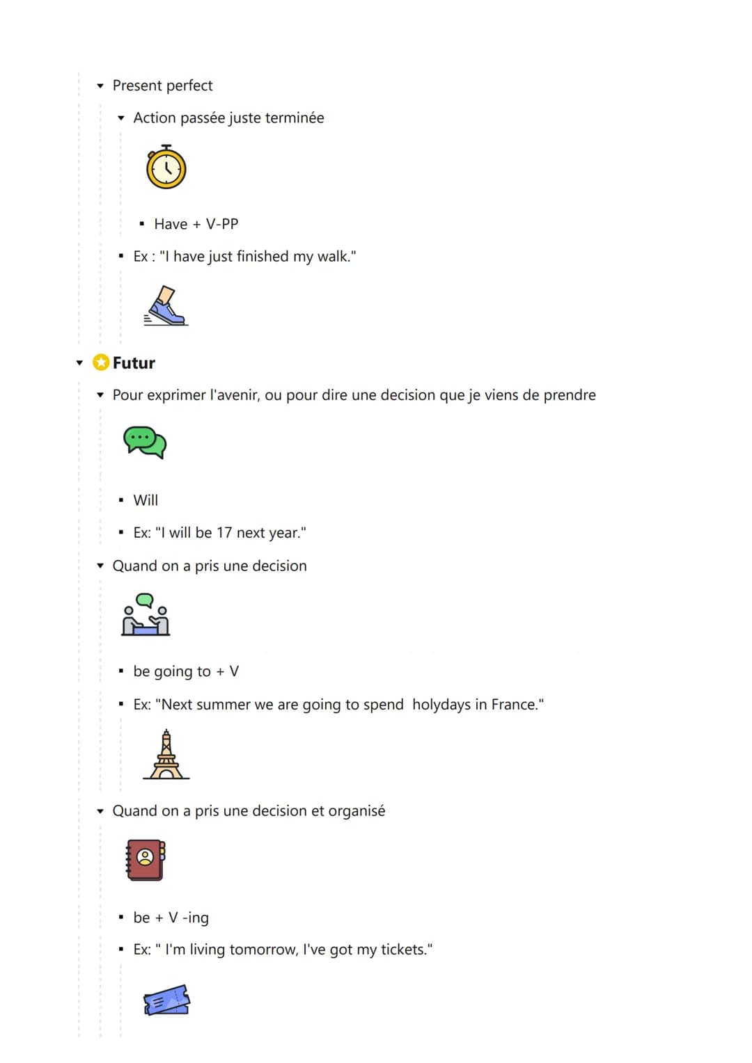 English tenses
Present
Simple
▾ Action répétée, vérité
옳
Ex: "I walk."
▾ Continuous
▾ Action en cours
▪ be + V-ing
▪ Ex : "I'm walking on th