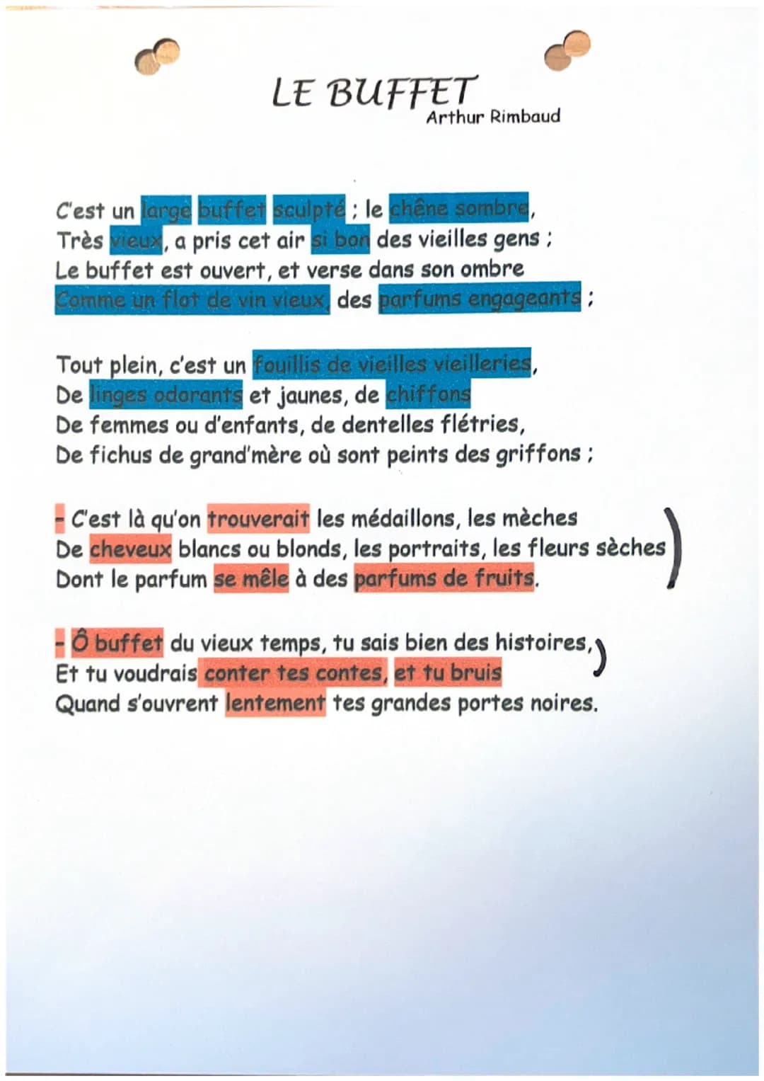 LE BUFFET
Arthur Rimbaud
C'est un large buffet sculpté; le chêne sombre,
Très vieux, a pris cet air si bon des vieilles gens;
Le buffet est 