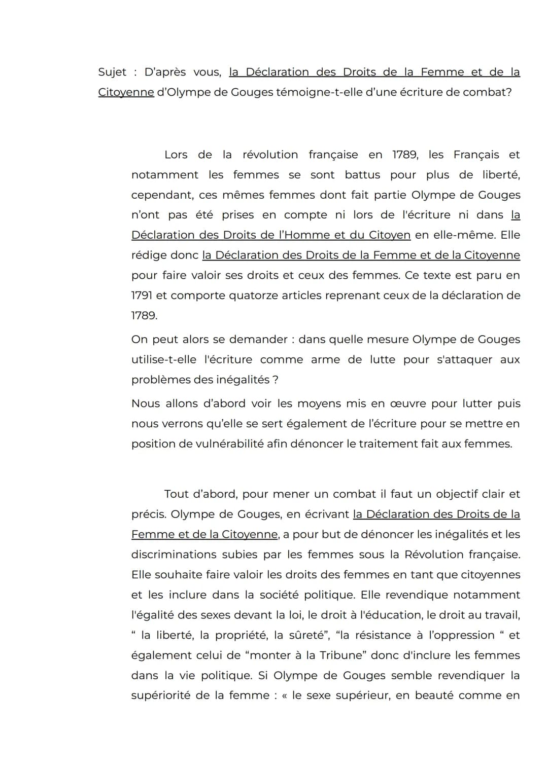 Sujet D'après vous, la Déclaration des Droits de la Femme et de la
Citoyenne d'Olympe de Gouges témoigne-t-elle d'une écriture de combat?
Lo