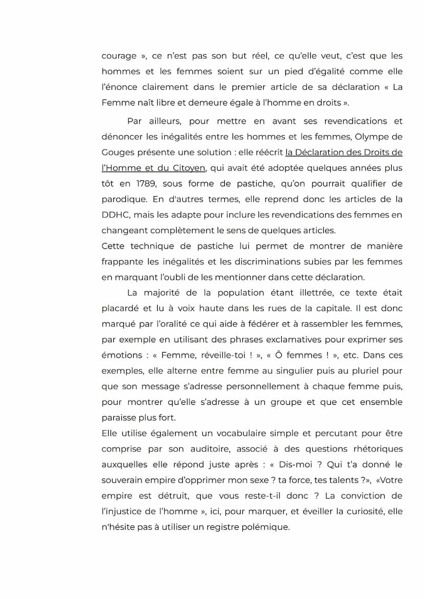 Sujet D'après vous, la Déclaration des Droits de la Femme et de la
Citoyenne d'Olympe de Gouges témoigne-t-elle d'une écriture de combat?
Lo