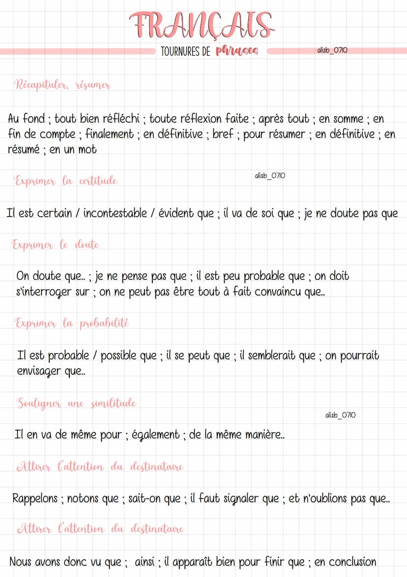 FRANÇAIS
TOURNURES DE Phrases
Tournures de phrases pour la rédaction d'un sujet de réflexion et autres écrits
argumentatifs :
Introduire, po