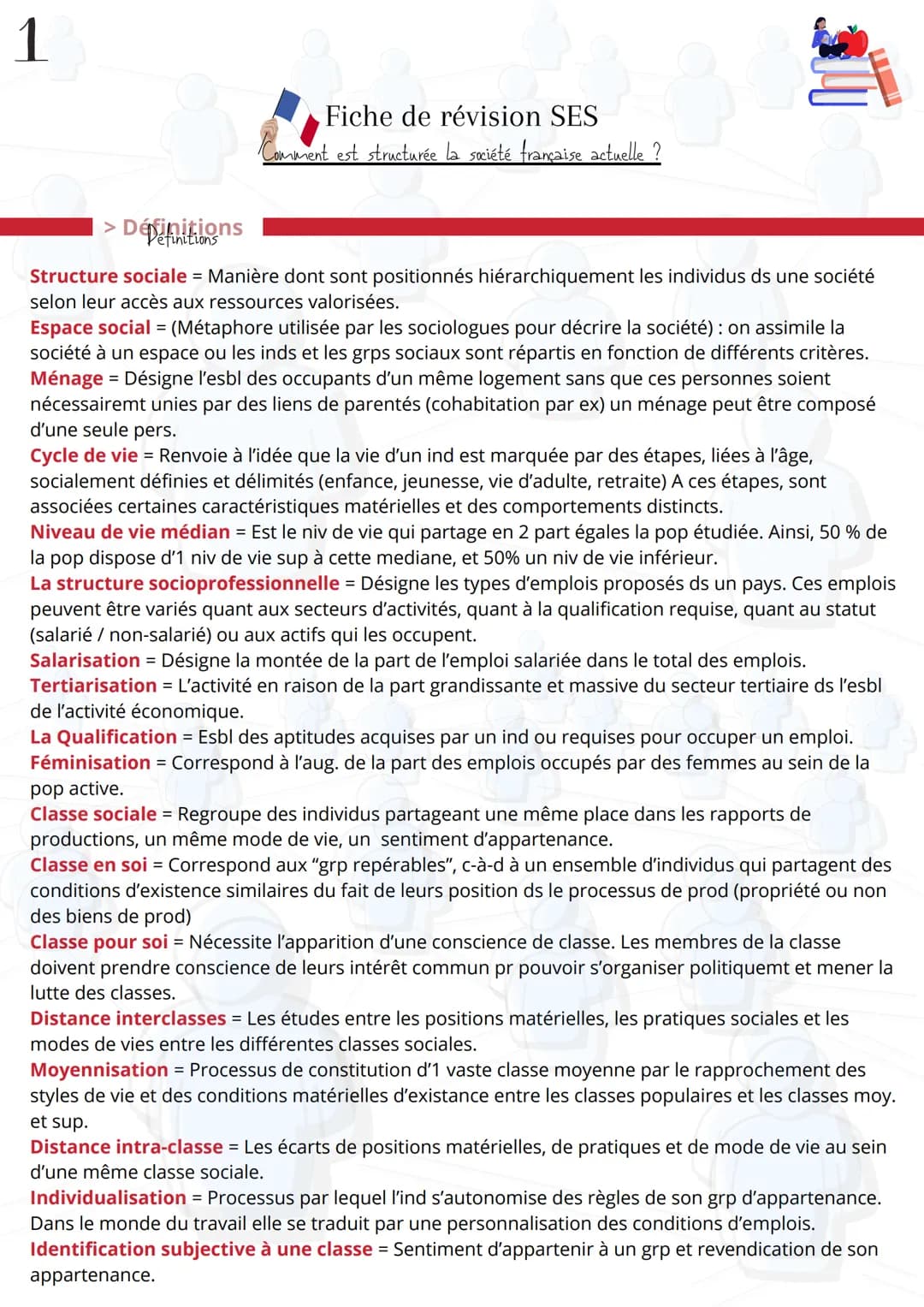 1
> Définitions
Péfinitions
Fiche de révision SES
Comment est structurée la société française actuelle ?
Structure sociale = Manière dont so