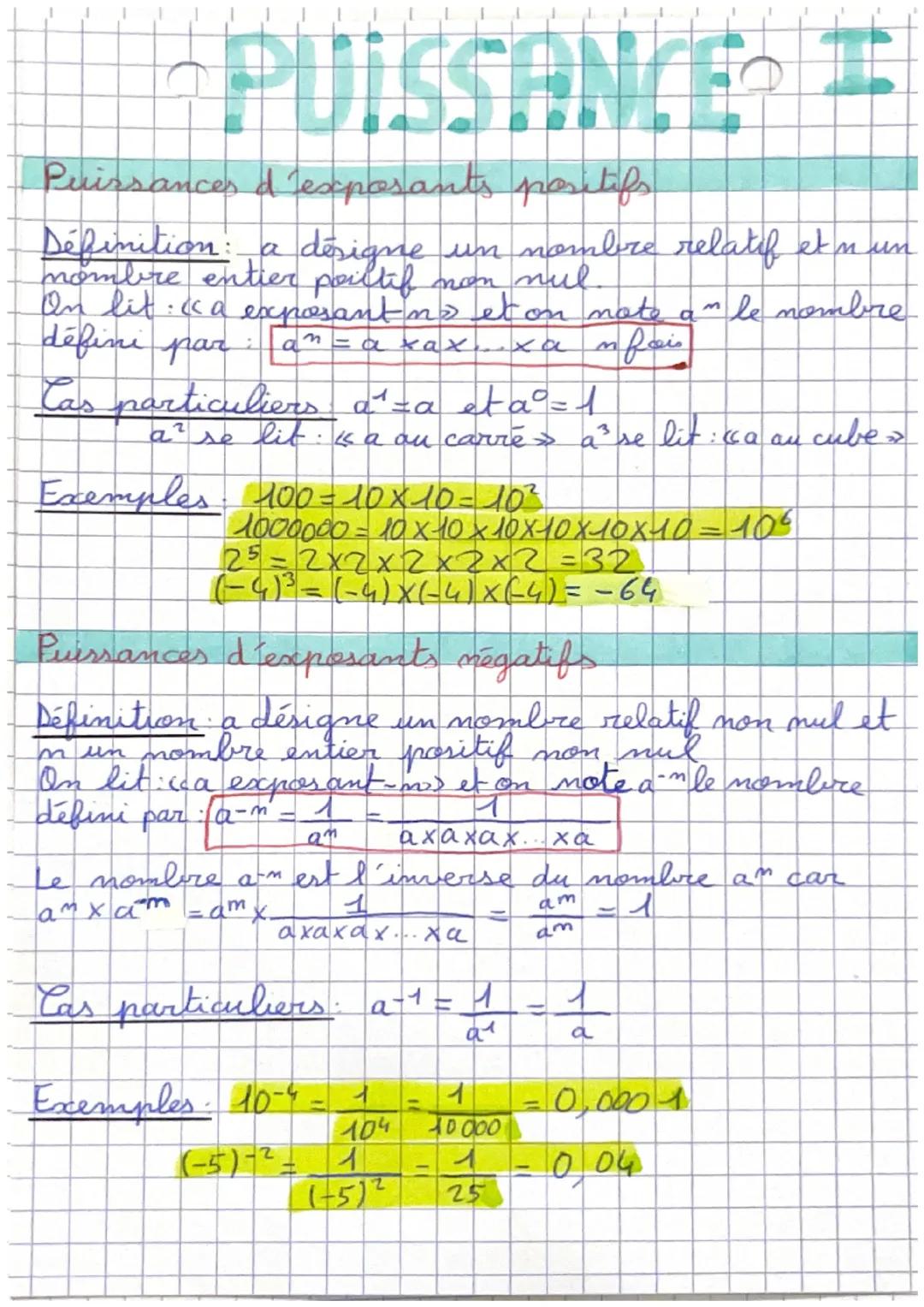 # PUISSANCE I

Puissances d'exposants positifs

Définition: a designe un nombre relatif et n un
nombre entier poiltif non nul.
On lit: «a ex
