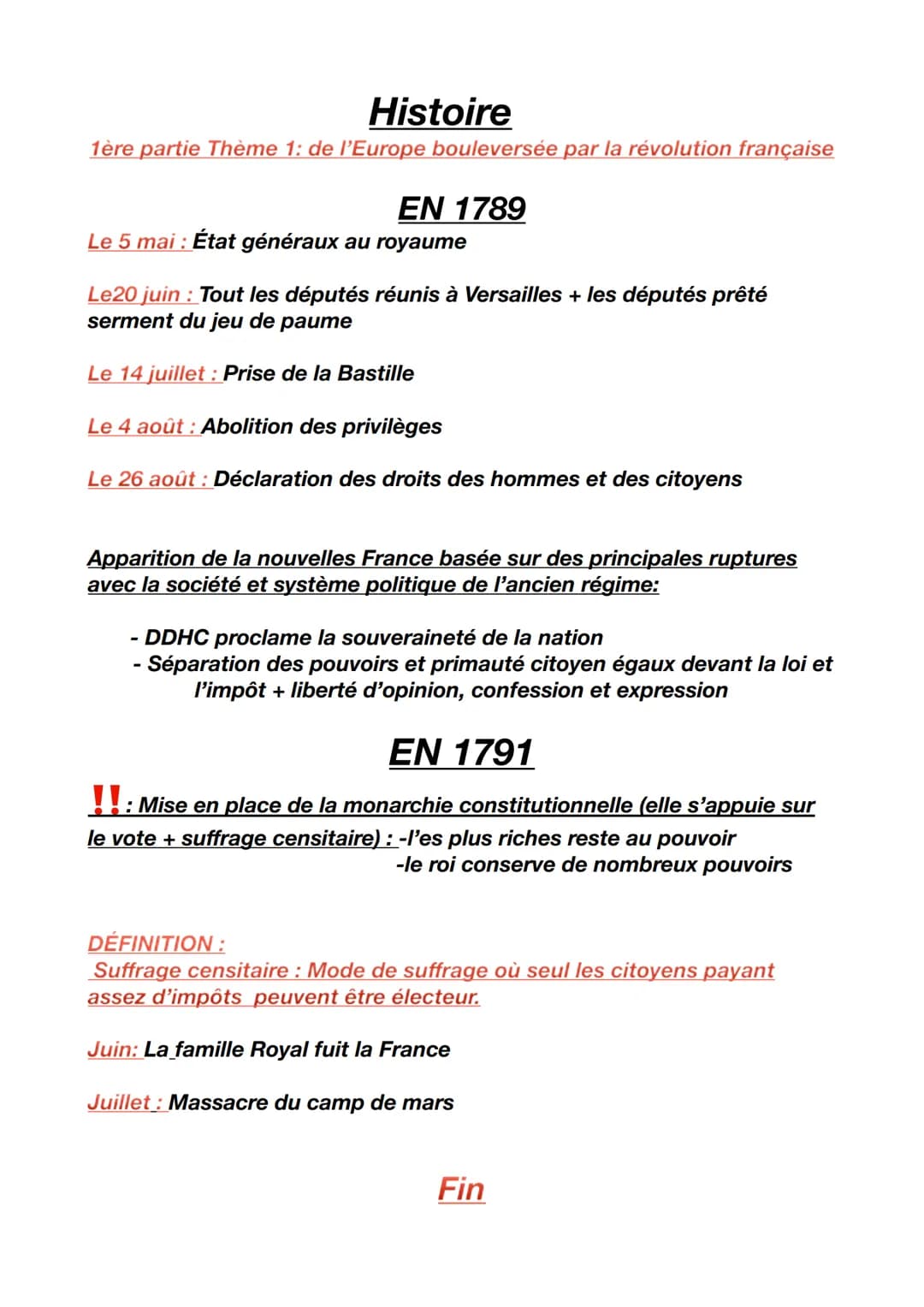 Histoire
1ère partie Thème 1: de l'Europe bouleversée par la révolution française
EN 1789
Le 5 mai : État généraux au royaume
Le20 juin : To