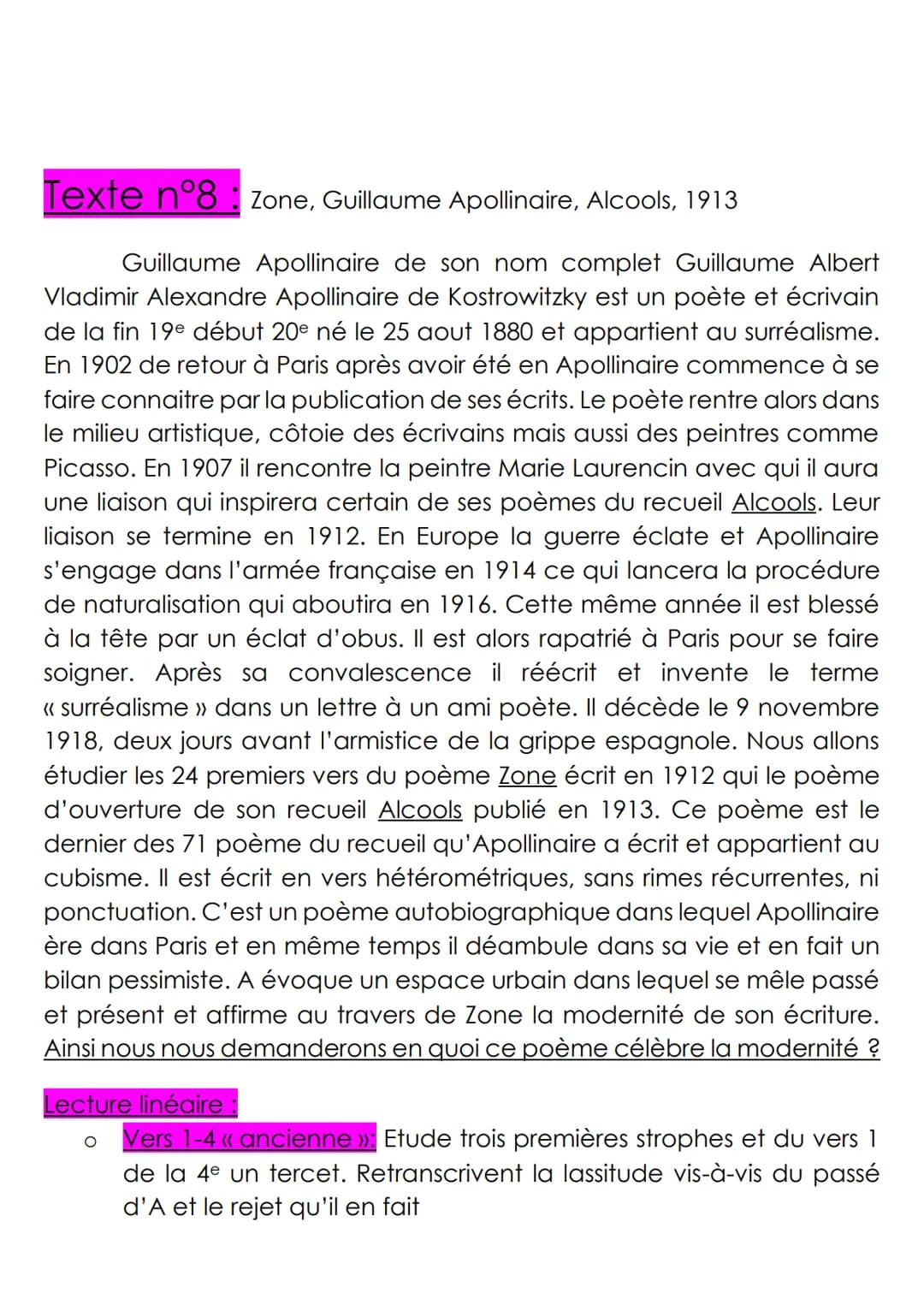 Lecture linéaire n°8: « Zone », Apollinaire, Alcools, 1913.
Poème liminaire du recueil publié en décembre 1912 dans la revue Les Soirées de 