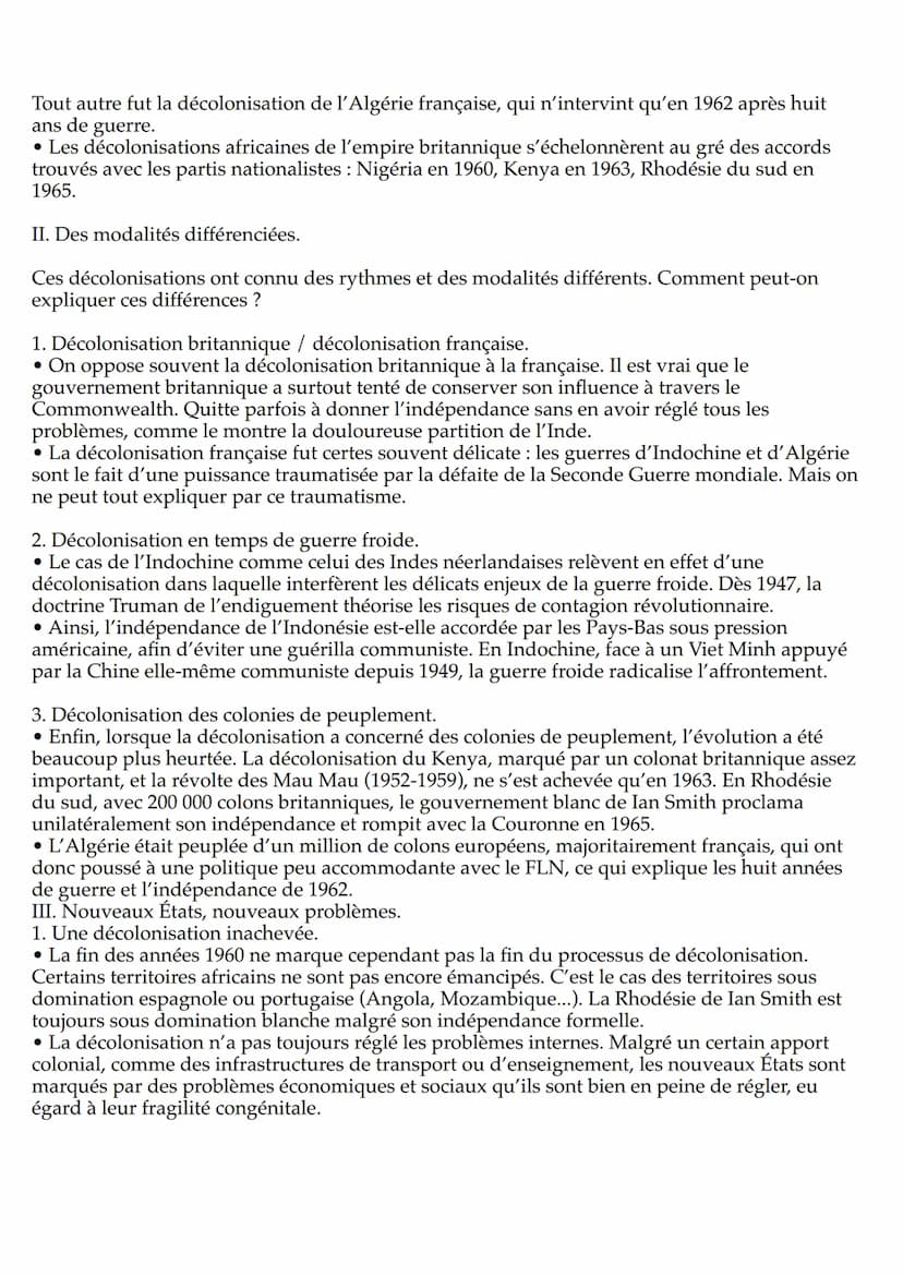 La décolonisation
En 1945, la fin de la Deuxième Guerre mondiale voit la création d'une Organisation des Nations-
Unies porteuse de tous les