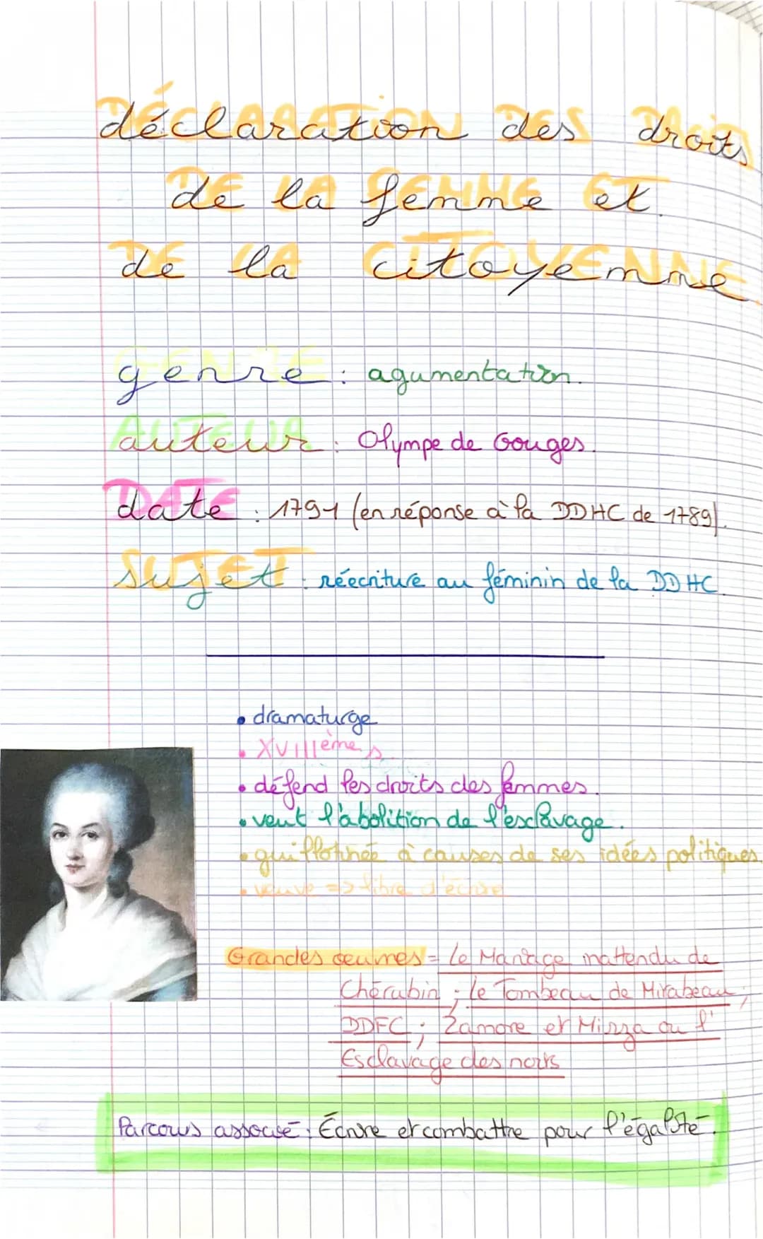 Fiche de lecture : Déclaration des droits de la femme et de la citoyenne et biographie courte d'Olympe de Gouges