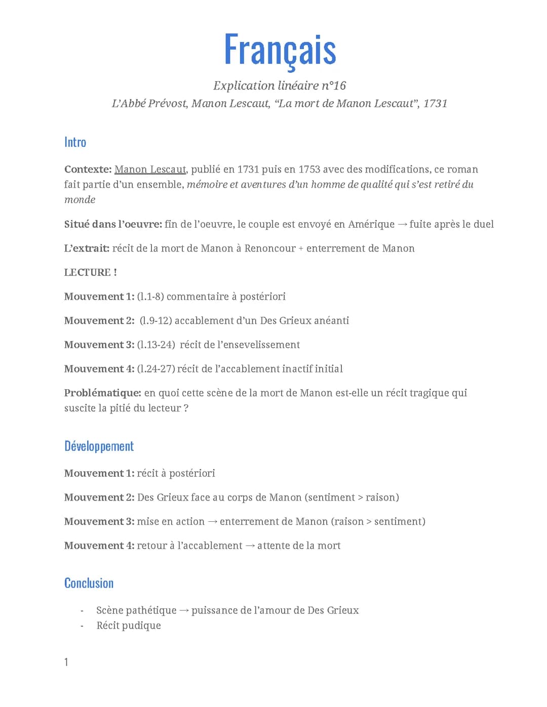 La Mort de Manon Lescaut: Analyse et Résumé en PDF
