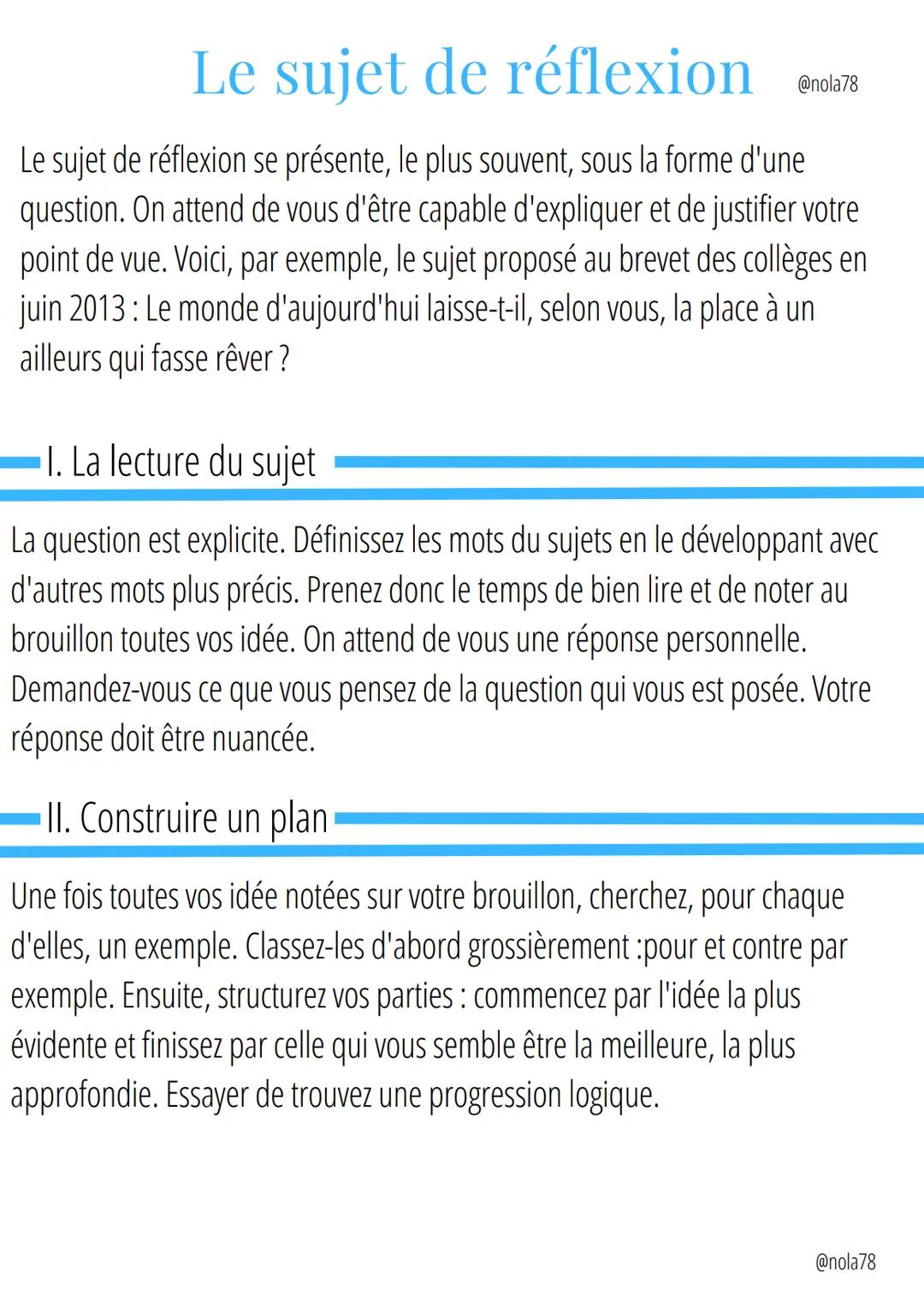 Le sujet de réflexion enla78
Le sujet de réflexion se présente, le plus souvent, sous la forme d'une
question. On attend de vous d'être capa