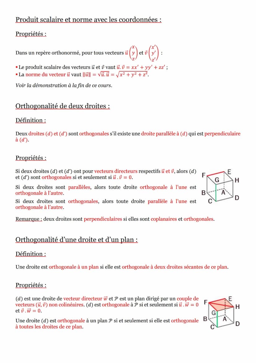 Orthogonalité et distances dans l'espace :
Produits scalaires dans l'espace :
Définition:
Le produit scalaire de deux vecteurs u et dans l'e
