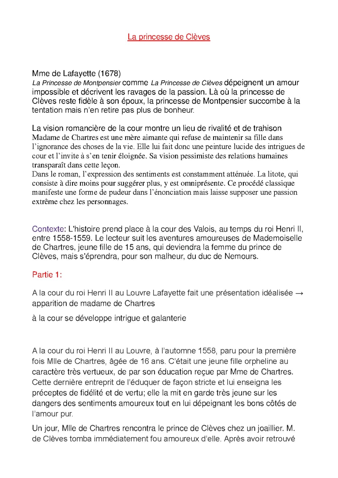 La Princesse de Clèves, Lafayette, partie 1 et 2 résumé