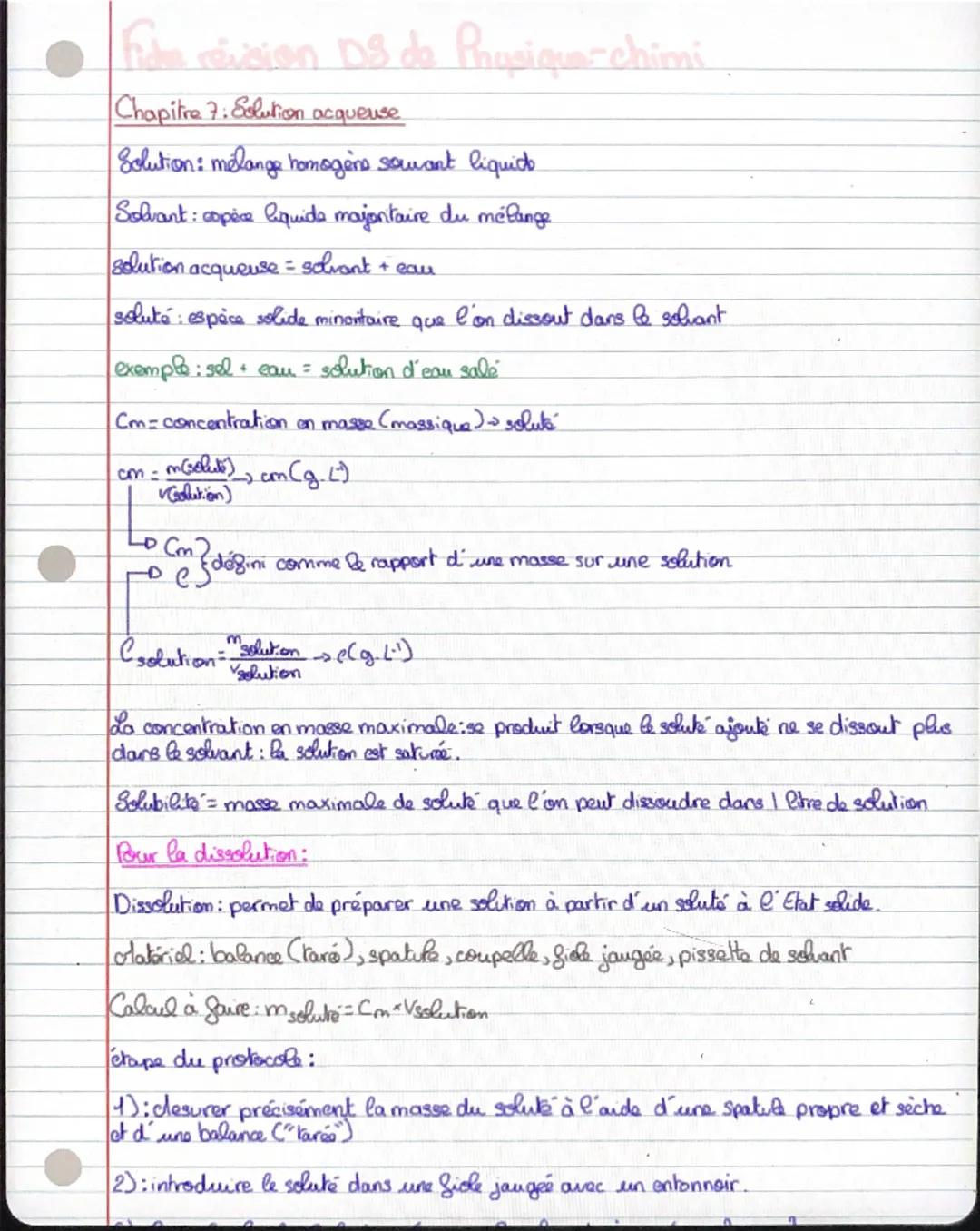 Fiche révision DS de Physique-chimi
Chapitre 7. Solution acqueuse
Solution: mélange homogène souvent liquide
Solvant: espèce liquide majorit