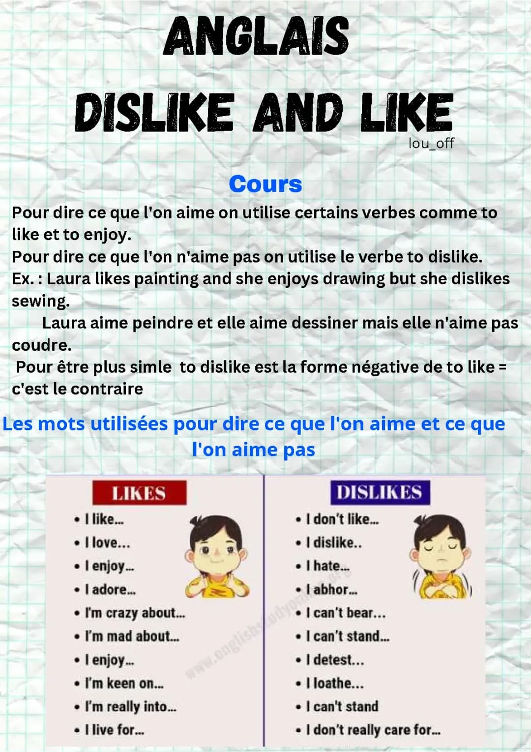 Anglais : Like and Dislike