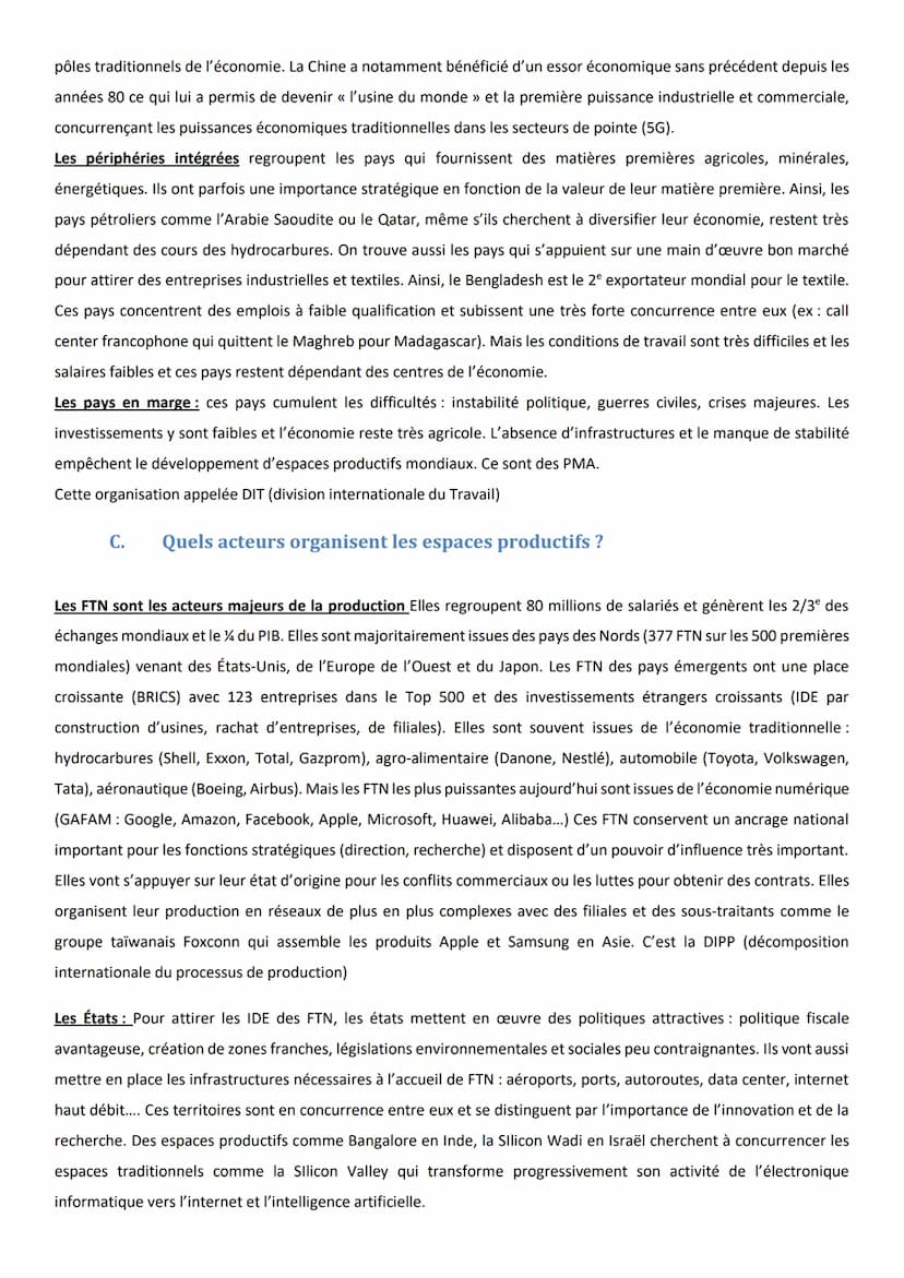 Introduction : Un espace productif est un lieu géographique aménagé et mis en valeur par l'Homme pour la production
de richesses. On en dist