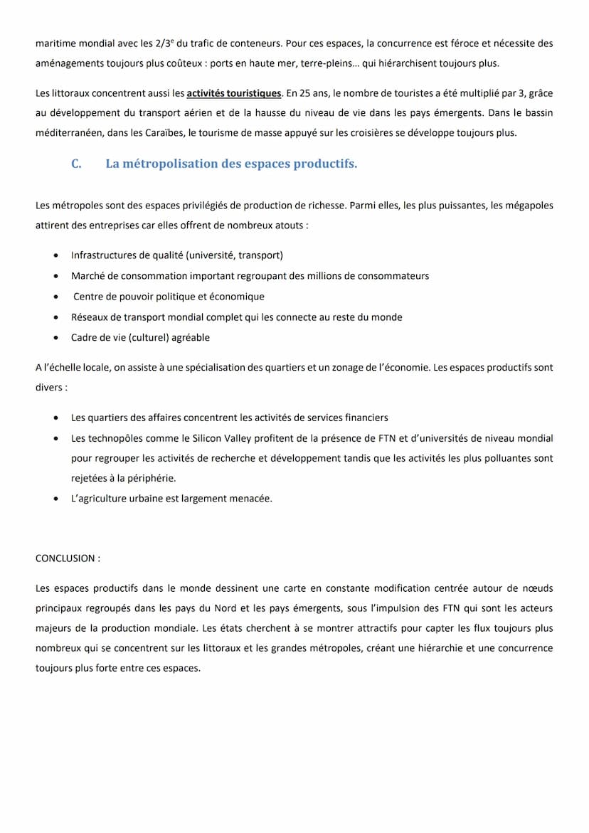 Introduction : Un espace productif est un lieu géographique aménagé et mis en valeur par l'Homme pour la production
de richesses. On en dist