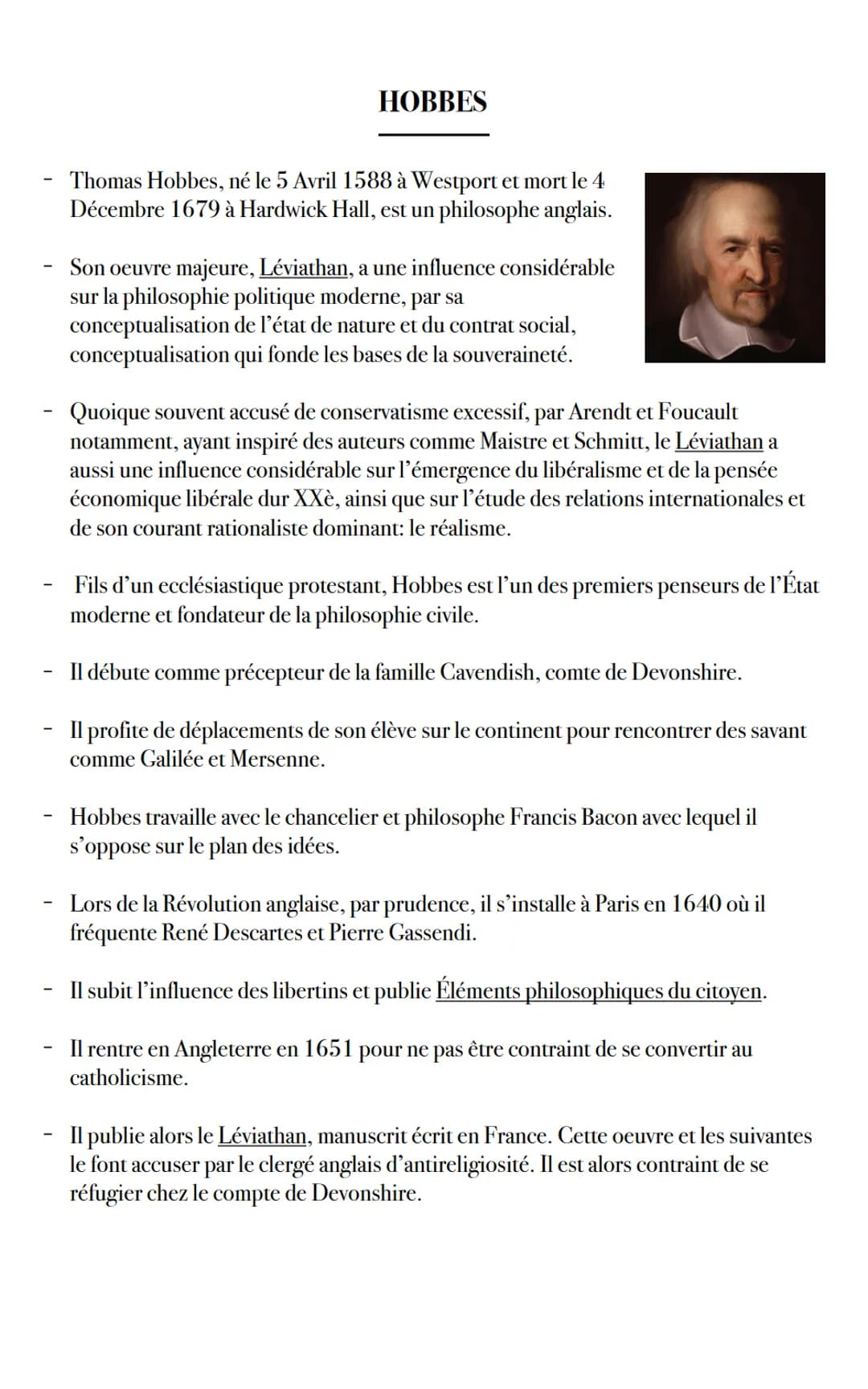 HOBBES
Thomas Hobbes, né le 5 Avril 1588 à Westport et mort le 4
Décembre 1679 à Hardwick Hall, est un philosophe anglais.
Son oeuvre majeur
