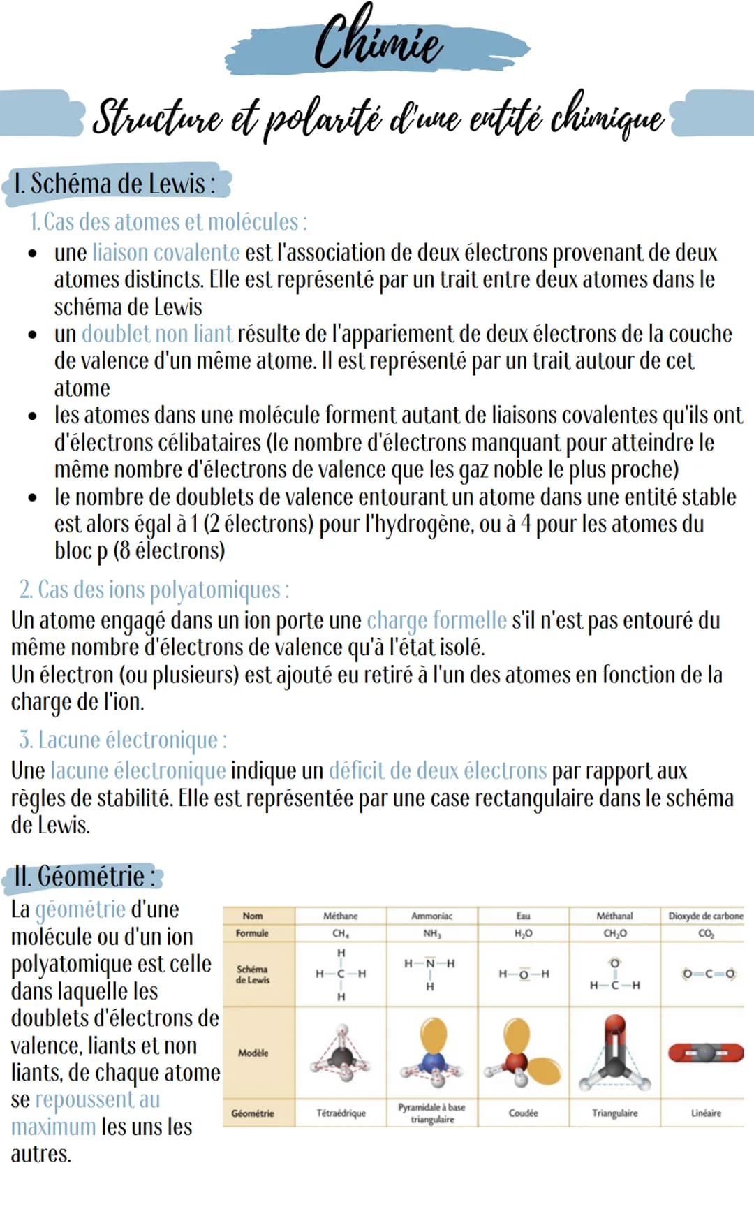 Chimie
Structure et polarité d'une entité chimique
1. Schéma de Lewis :
1. Cas des atomes et molécules:
• une liaison covalente est l'associ