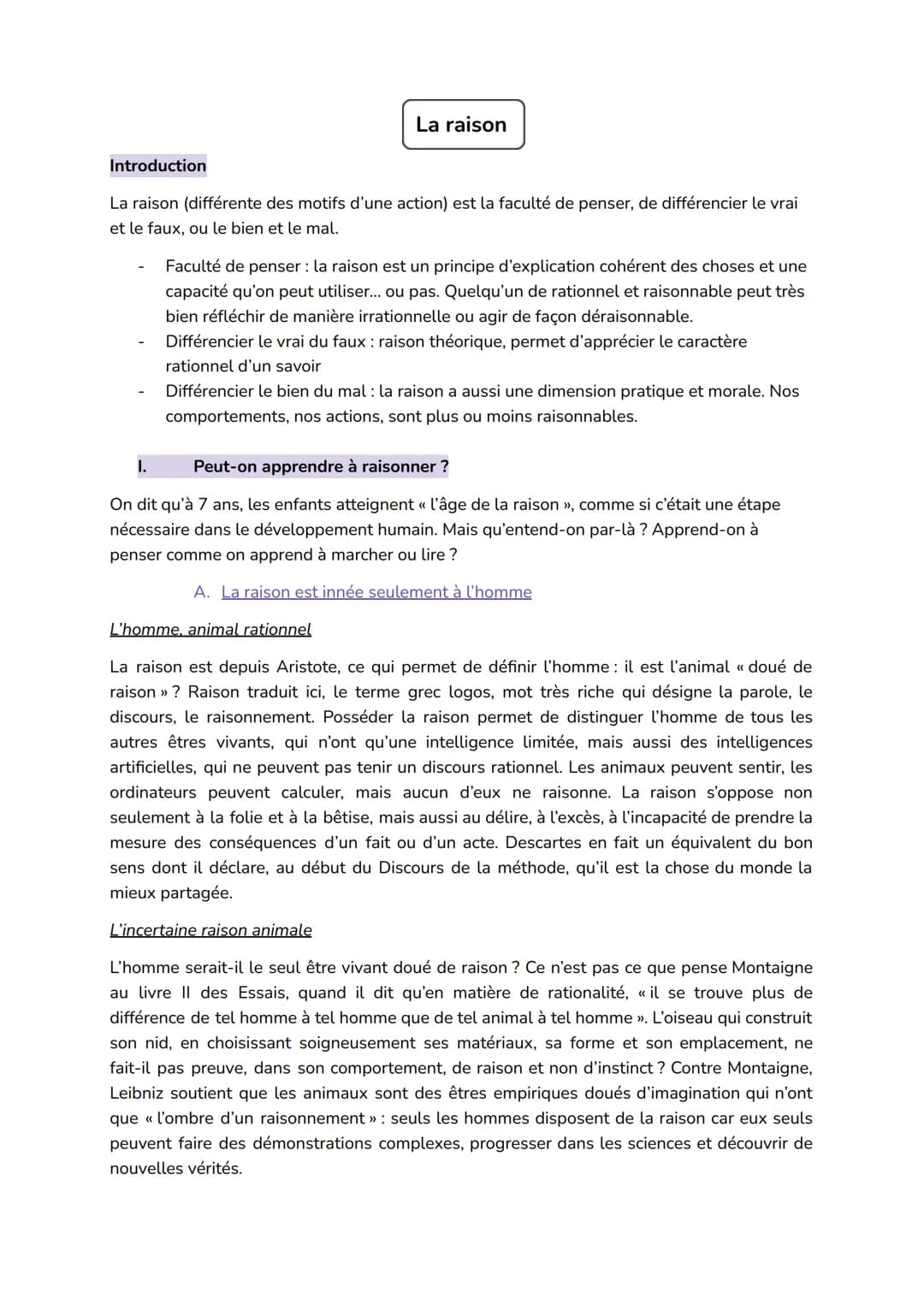 Introduction
La raison (différente des motifs d'une action) est la faculté de penser, de différencier le vrai
et le faux, ou le bien et le m