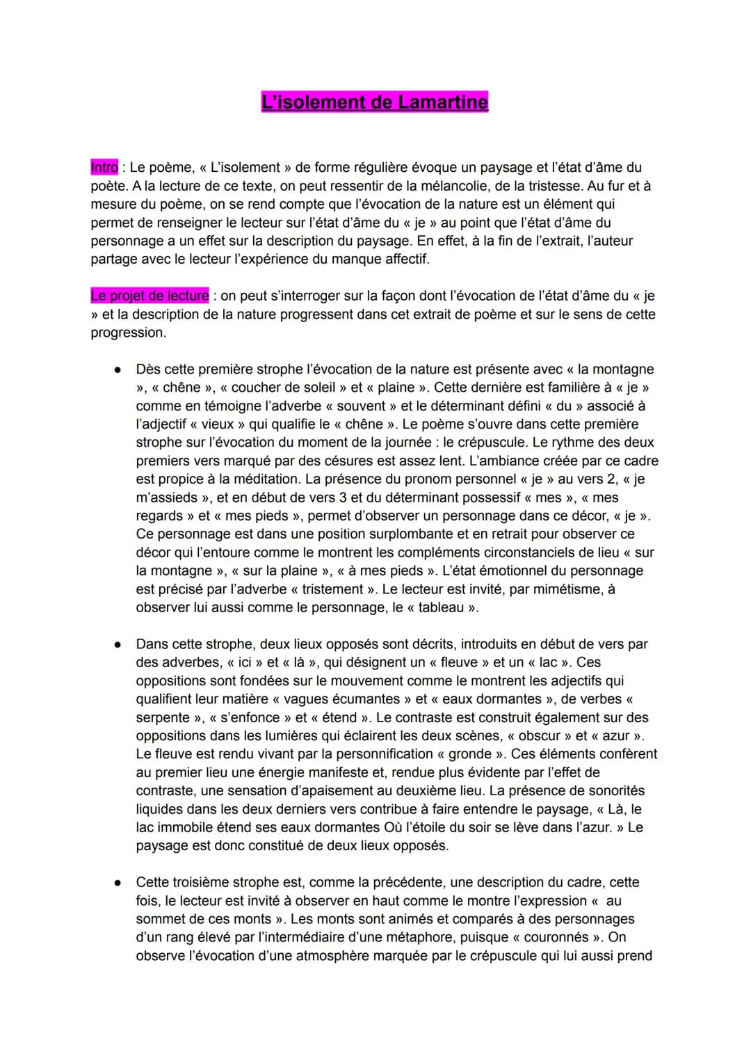 L'isolement de Lamartine
Intro: Le poème, << L'isolement » de forme régulière évoque un paysage et l'état d'âme du
poète. A la lecture de ce