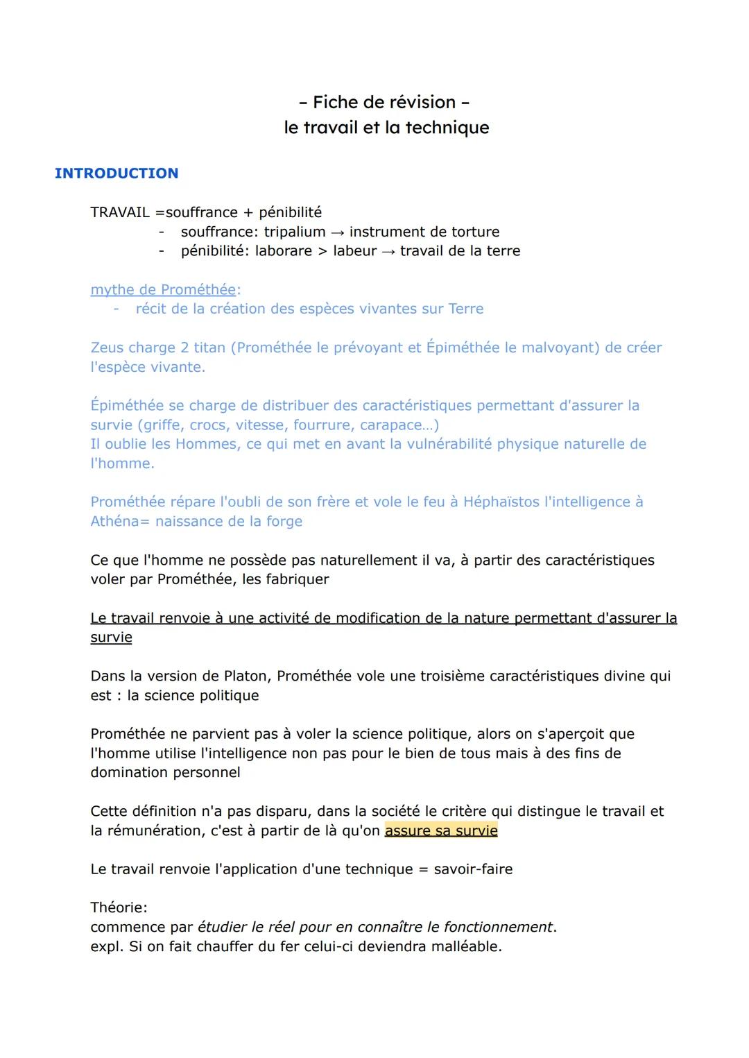 - Fiche de révision -
le travail et la technique

INTRODUCTION

TRAVAIL =souffrance + pénibilité
- souffrance: tripalium instrument de tortu