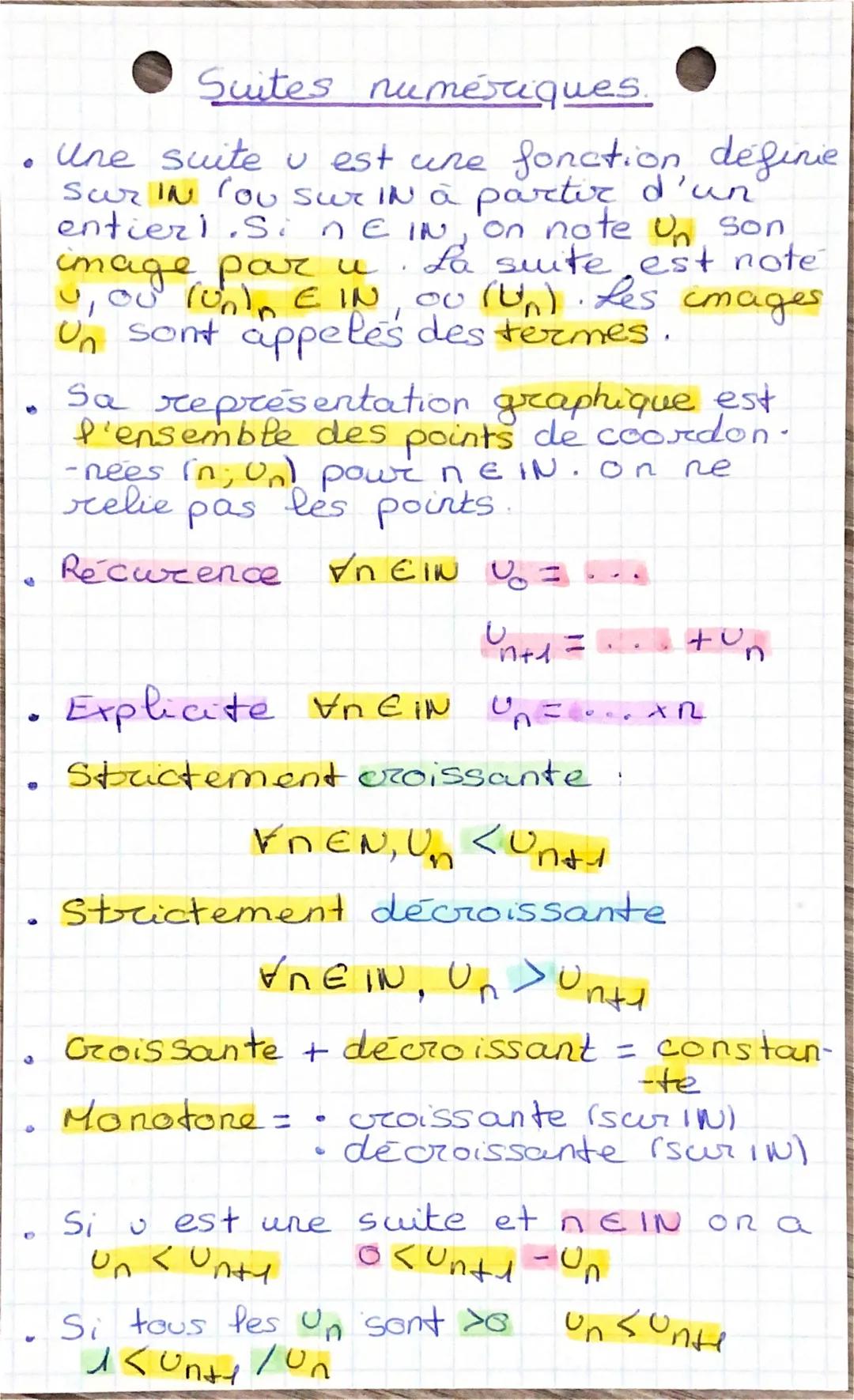 ●
3
O
Suites numériques.
Une suite v est une fonction définie
Sur IN (ou sur IN à partir d'un
entieri.S. DE IN on note Un son
image par u. L