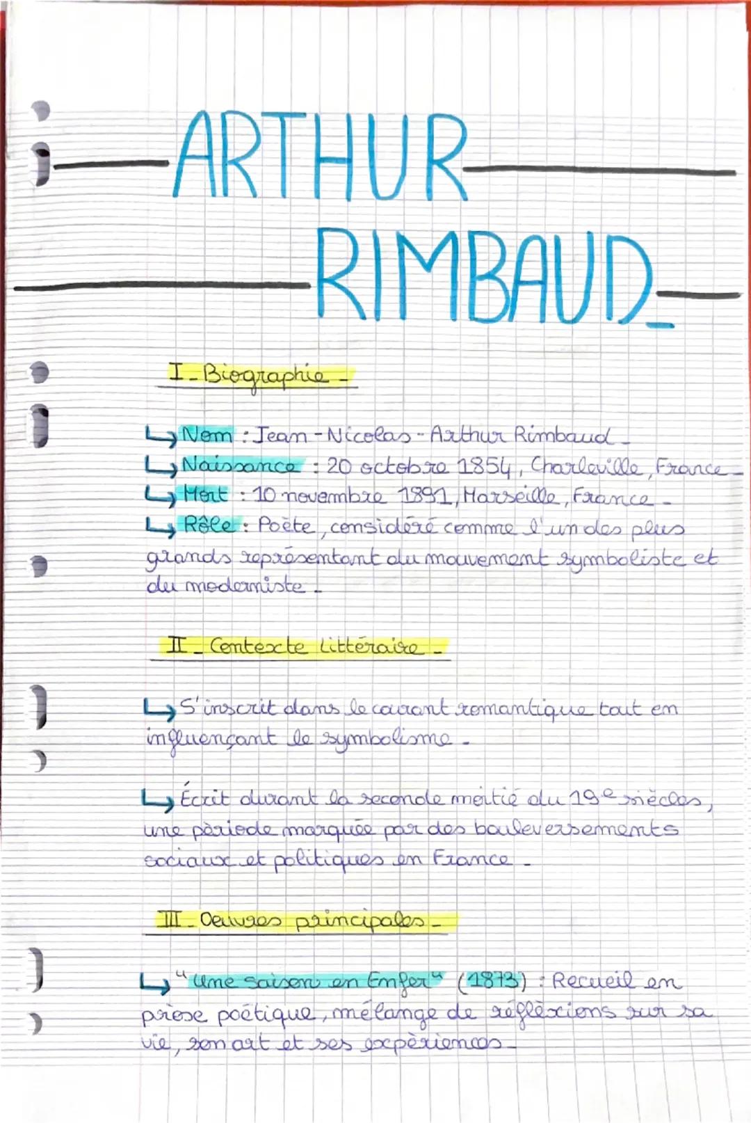 --- ARTHUR -
-RIMBAUD—
I - Biographie -
→ Nom : Jean-Nicolas - Arthur Rimbaud -
→ Naissance : 20 octobre 1854, Charleville, France -
→ Mort 