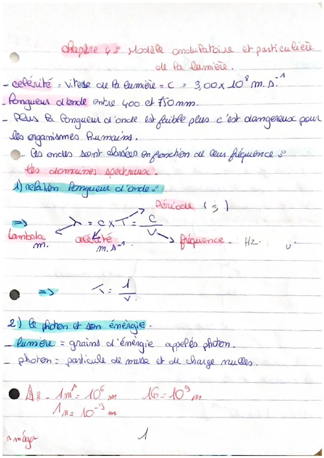 chapine & Modèle andufatoive et particulière
de la lumière.
- ceférité - vitesse de la lumière = C = 3,00x 10⁰ m. p.
^
-Pongueur d'onde entr