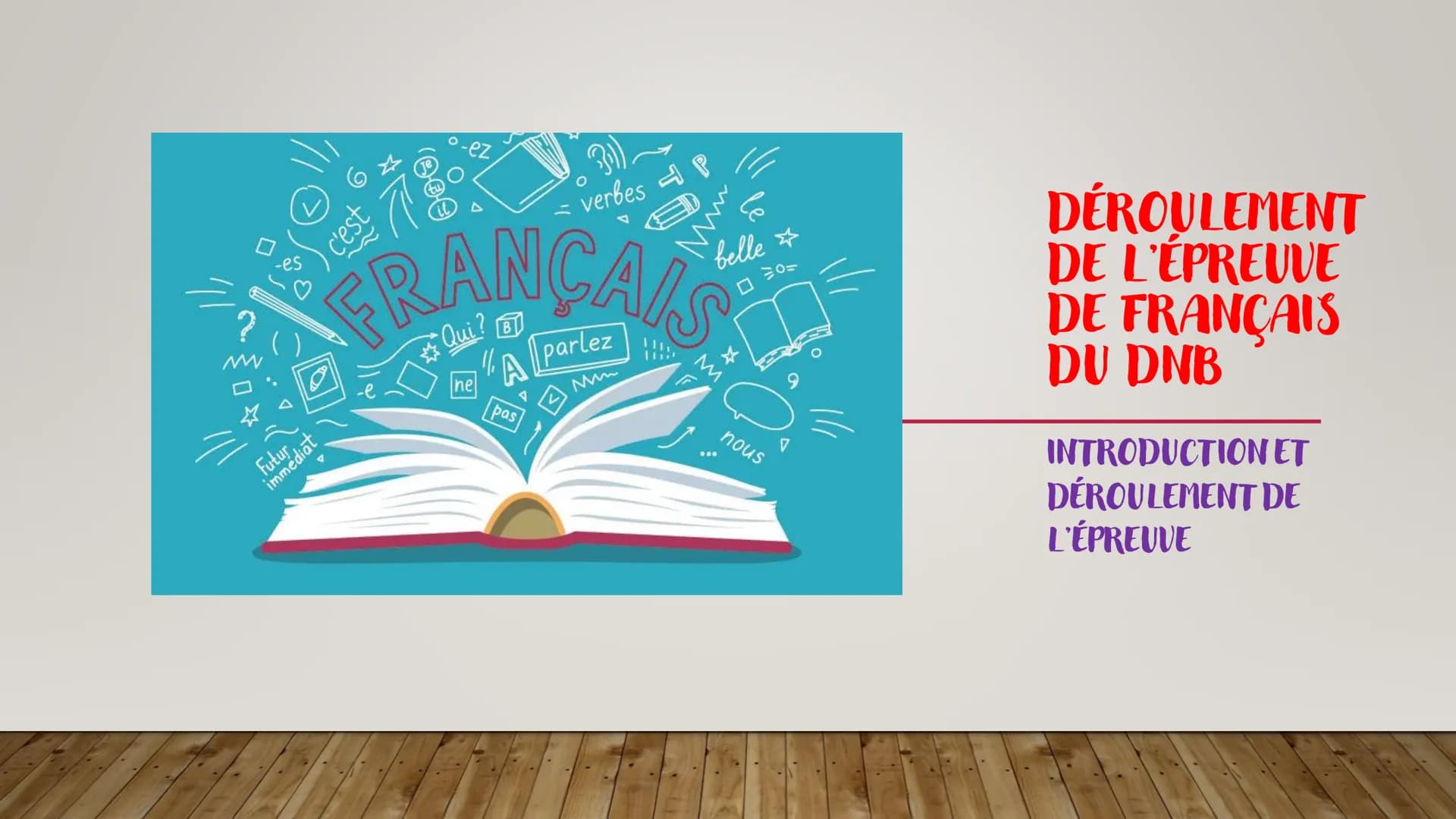 Futur
= verbes P
FRANÇAIS
Qui?
Aparlez
M
c'est
immediat
ne
pas
belle
M
***
nous
V
DÉROULEMENT
DE L'ÉPREUVE
DE FRANÇAIS
DU DNB
INTRODUCTION E