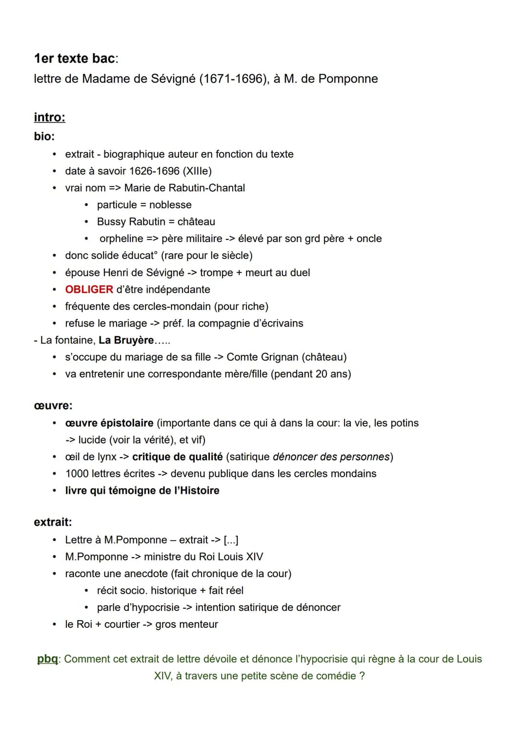 1er texte bac:
lettre de Madame de Sévigné (1671-1696), à M. de Pomponne
intro:
bio:
●
●
●
●
●
●
●
- La fontaine, La Bruyère.....
●
extrait 