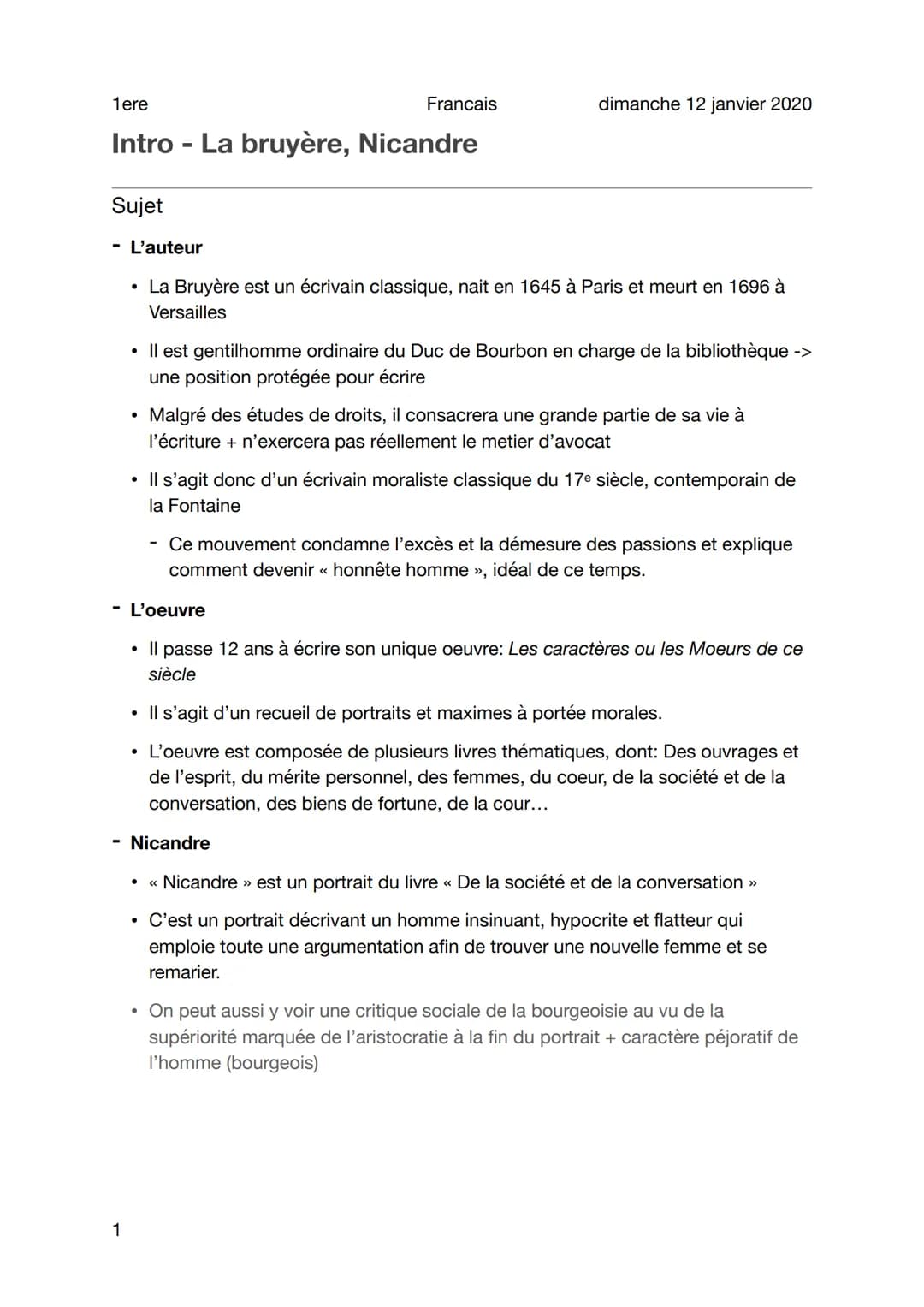 1ere
Intro - La bruyère, Nicandre
Sujet
Francais
- L'auteur
• La Bruyère est un écrivain classique, nait en 1645 à Paris et meurt en 1696 à
