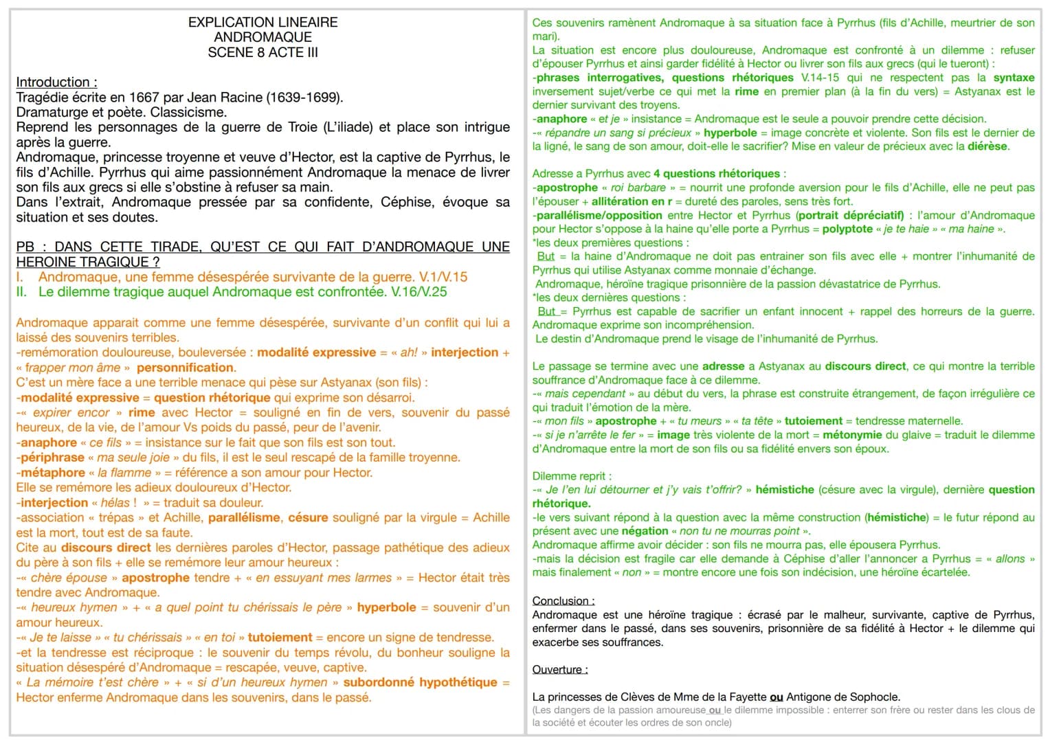 EXPLICATION LINEAIRE
ANDROMAQUE
SCENE 8 ACTE III
Introduction :
Tragédie écrite en 1667 par Jean Racine (1639-1699).
Dramaturge et poète. Cl